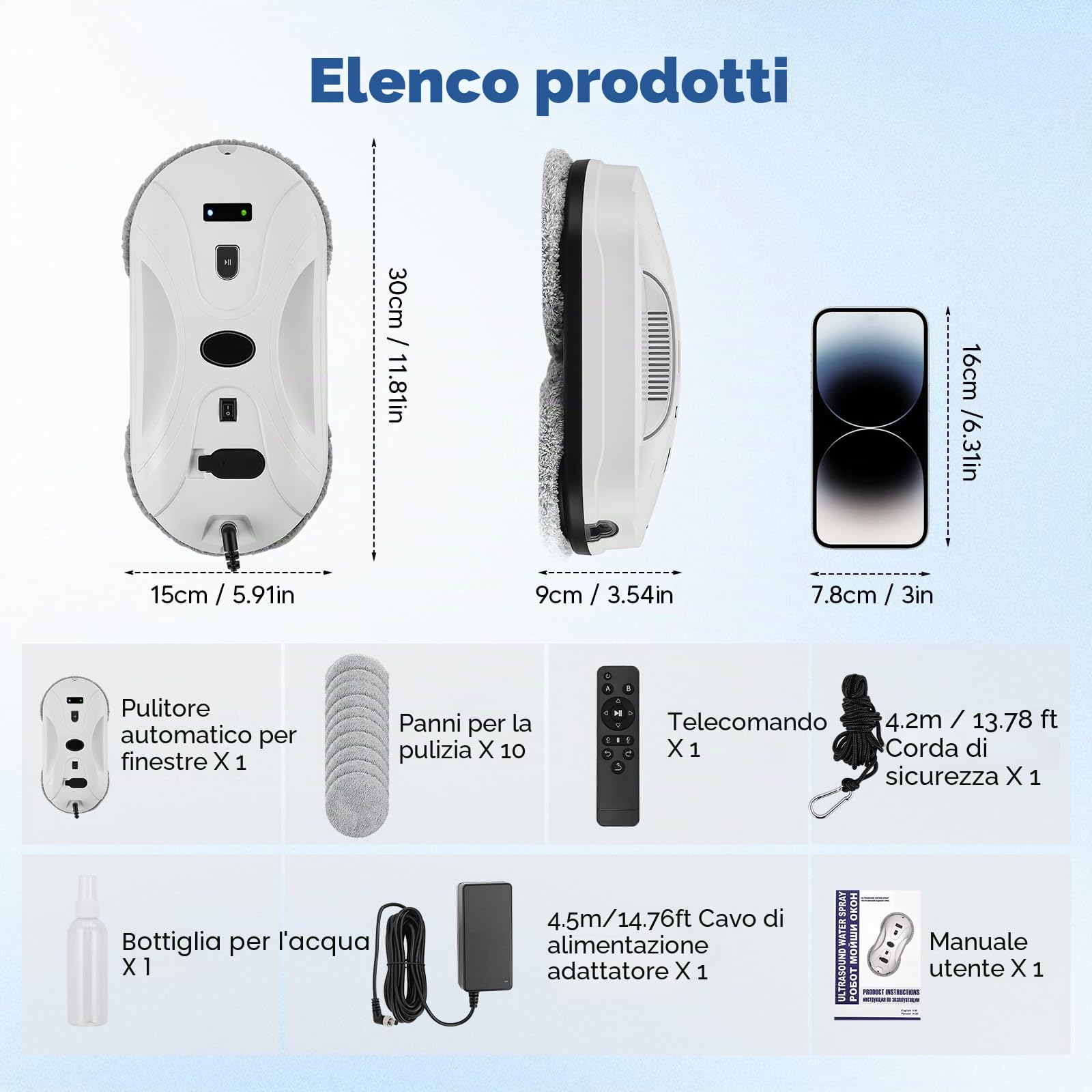 Robot Lavavetri Automatico 5800Pa, Puliscivetri Elettrico con Doppio Spruzzo, Navigazione Intelligente, 3 Modalità, Telecomando, Sensore Bordi, Anticaduta e 10 Panni, per Finestre,Specchi e Piastrelle