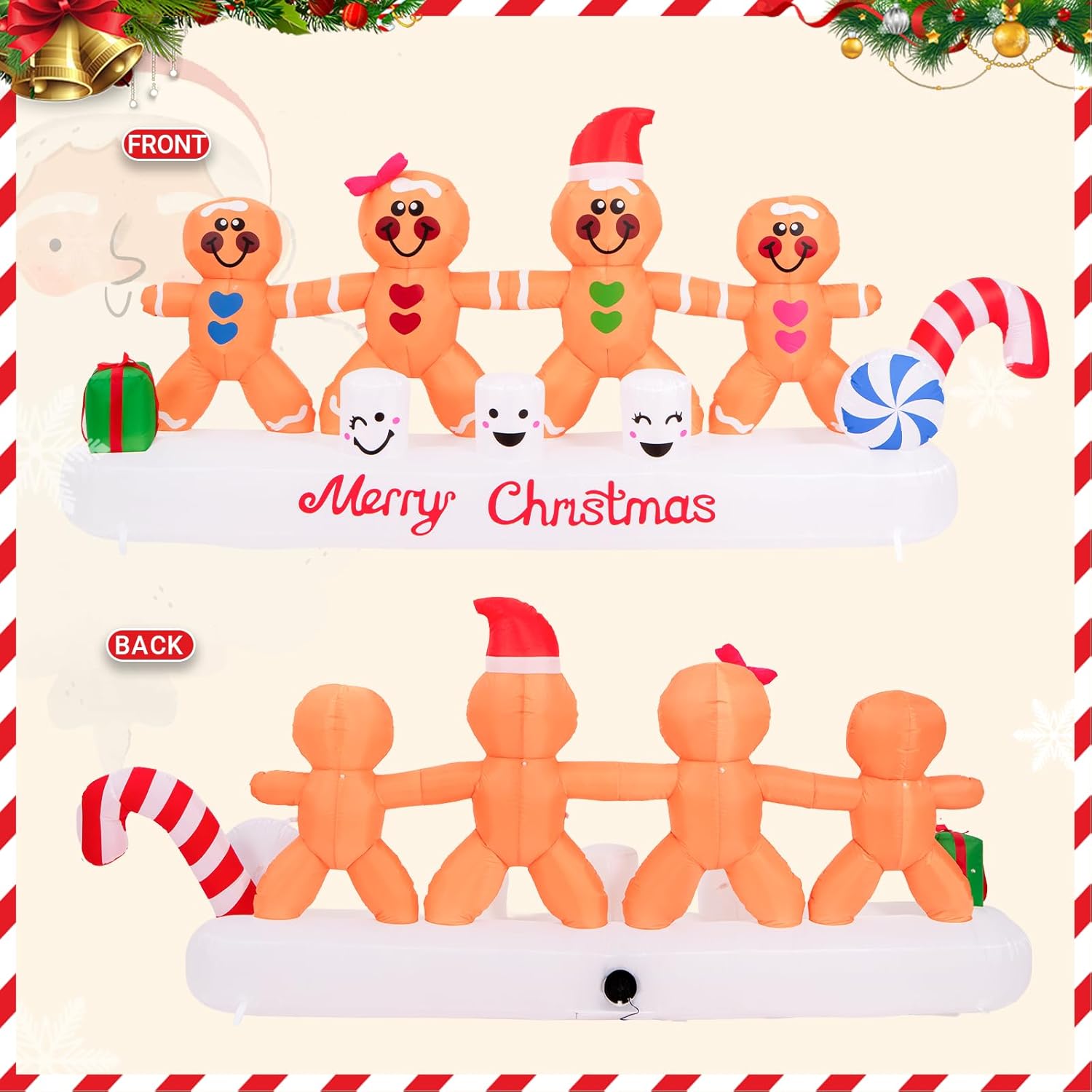 10 FT Long Christmas Inflatable Gingerbread Man Outdoor Decoration, 4 Gingerbread Hand in Hand Christmas Blow Up Yard Decorations with Build-in 10 Led Lights for Yard Garden Lawn Xmas Party Decor