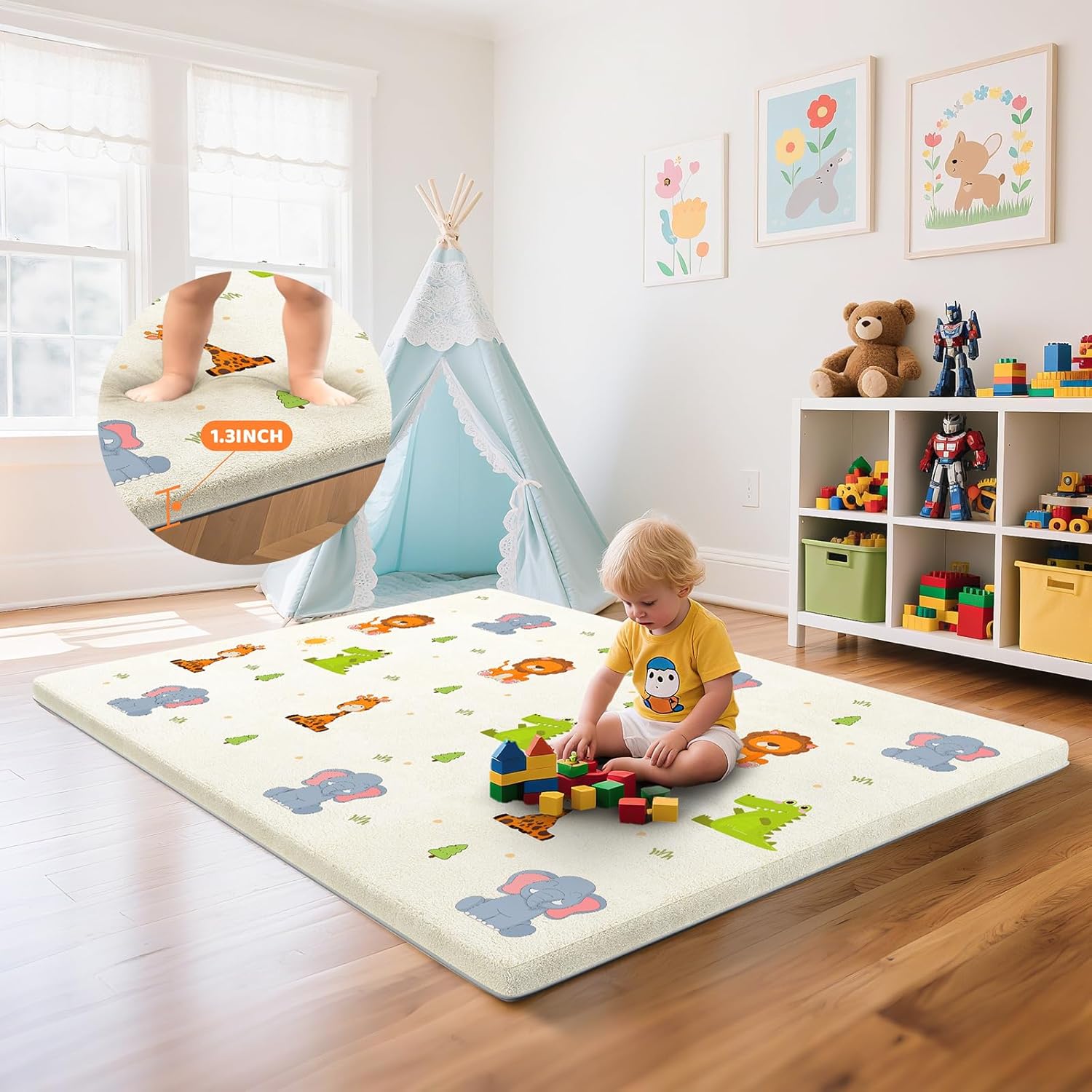 Thick Baby Play Mat for Floor - 74x50 Inch Ultra Soft Playpen Mattress with Animal Print & Removable Coral Fleece Cover - Non Slip Padded Crawling Rug for Toddlers, Infants, Babies - Beige