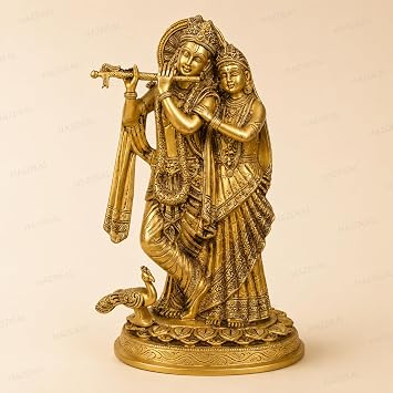 Brass Lord Radha Krishna Idol Playing Flute with Peacock   Handmade Brass Statue for Home Decor, Temple, Pooja Room, Spiritual Gift, Hindu God Sculpture 12x 7.5 x 4.5 Inches,3.8Kg