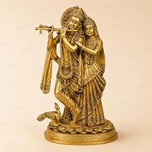 Brass Lord Radha Krishna Idol Playing Flute with Peacock   Handmade Brass Statue for Home Decor, Temple, Pooja Room, Spiritual Gift, Hindu God Sculpture 12x 7.5 x 4.5 Inches,3.8Kg