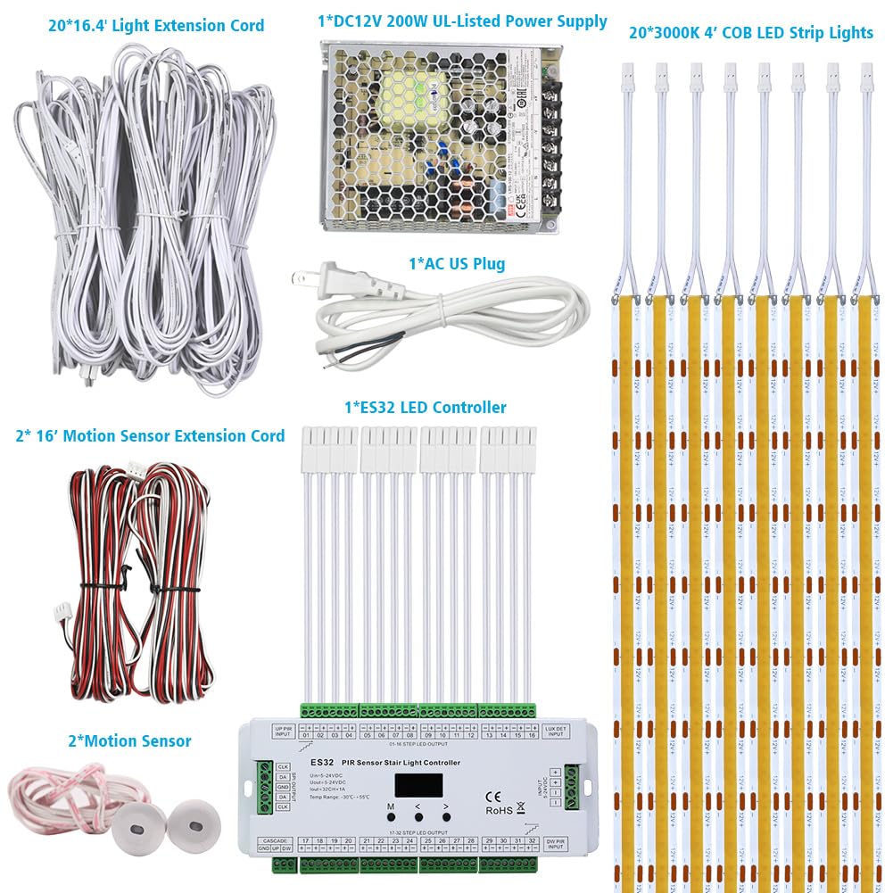 ES32 Motion Sensor Step Lights Indoor 3000K Warm White Linear COB LED Strip for 4ft Cuttable Stairs, 20 Stair Controllable Tread Light Strips (Complete Kit Items) (3000k)