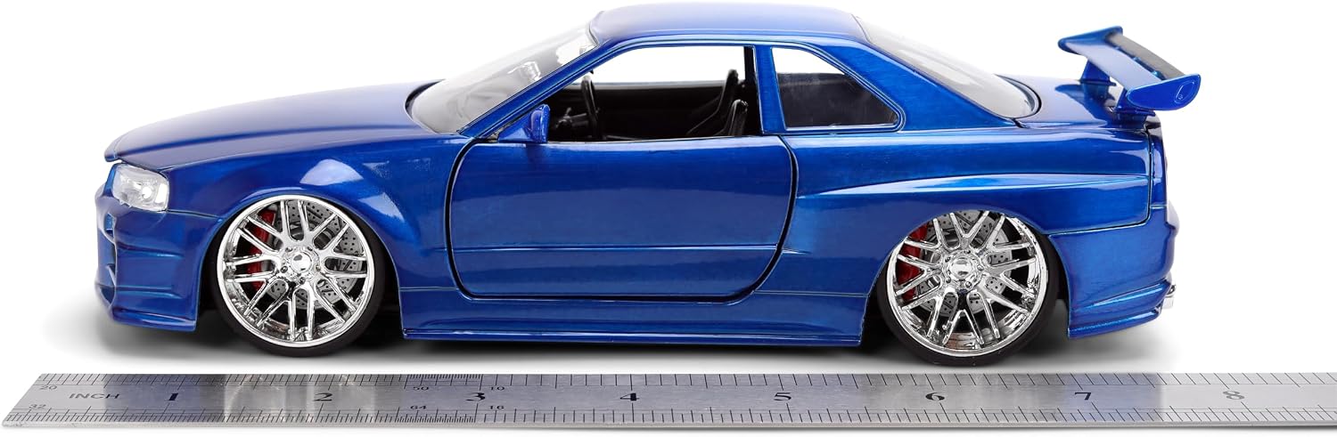 Jada Toys Fast & Furious 1:24 Scale Anniversary Edition 1999 Nissan Skyline GT-R (BNR34) Die-Cast Car – Blue Brush Metal Finish with Opening Hood, Doors, and Trunk