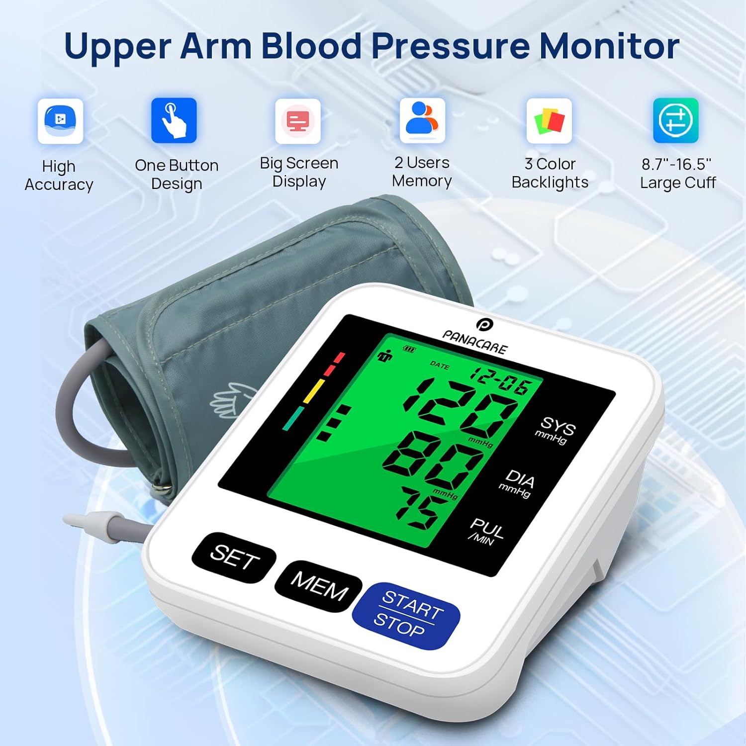 Blood Pressure Monitor Upper Arm for Home Use, Automatic Digital BP Machine Arm Blood Pressure Cuff Monitors Kit with 3 Color Backlight LCD/Large Cuff 8.7-16.5/2x99 Memory for Home-Black