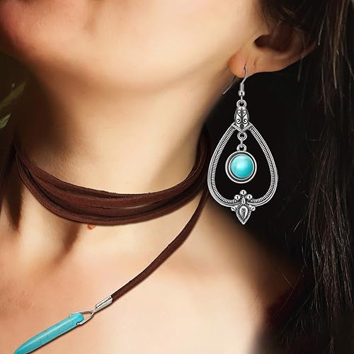 Miniatura 5 de Hicarer Juego de 2 joyas de turquesa occidental para mujer, 1 collar largo con colgante de turquesa bohemio y 1 par de aretes bohemios occidentales,