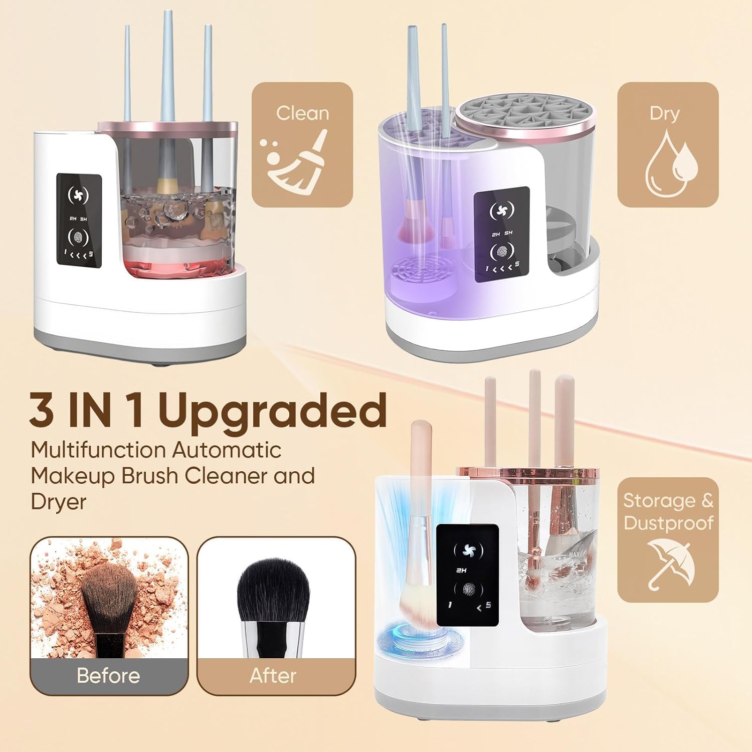3 IN 1 Electric Makeup Brush Cleaner,Automatic Makeup Brush Cleaner with Makeup Brush Dryer,Portable USB Deep Cleaning for All Size Beauty Makeup Brush Set,Blush Brush,Sponges