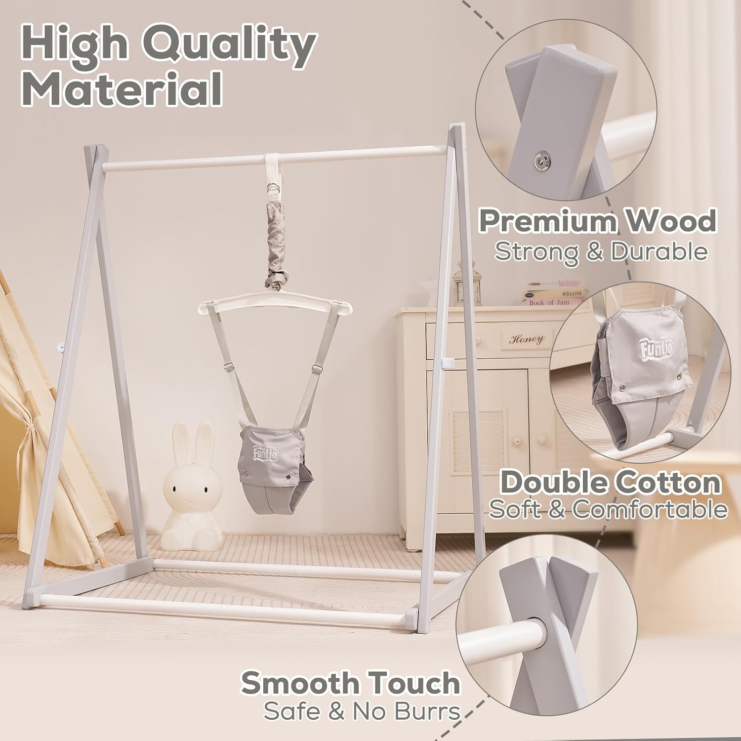 FUNLIO baby jumper folded flat against a wall for compact storage, secured with Velcro straps.