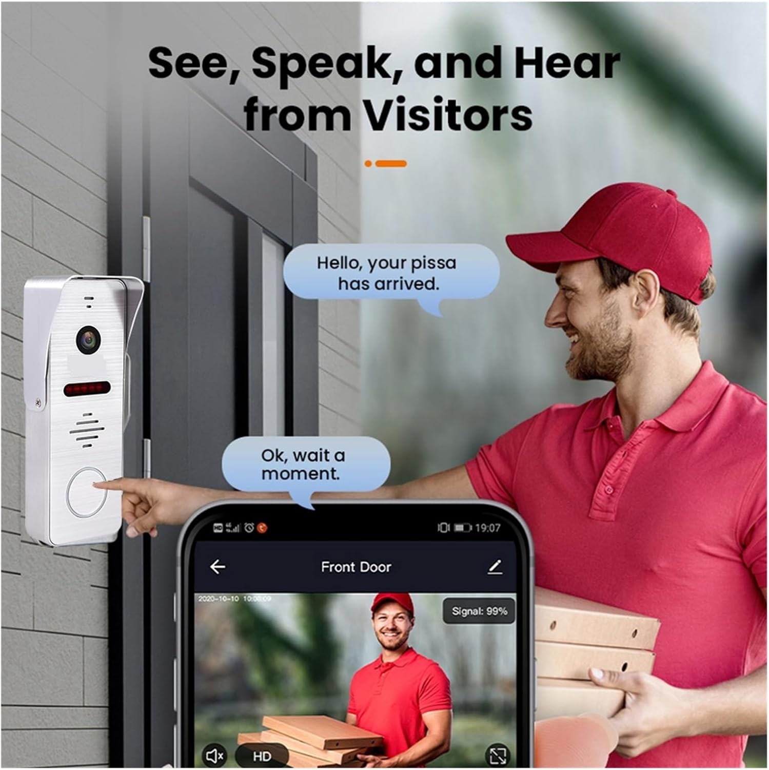 Visitor interacting with the doorbell and the corresponding view on a smartphone app.