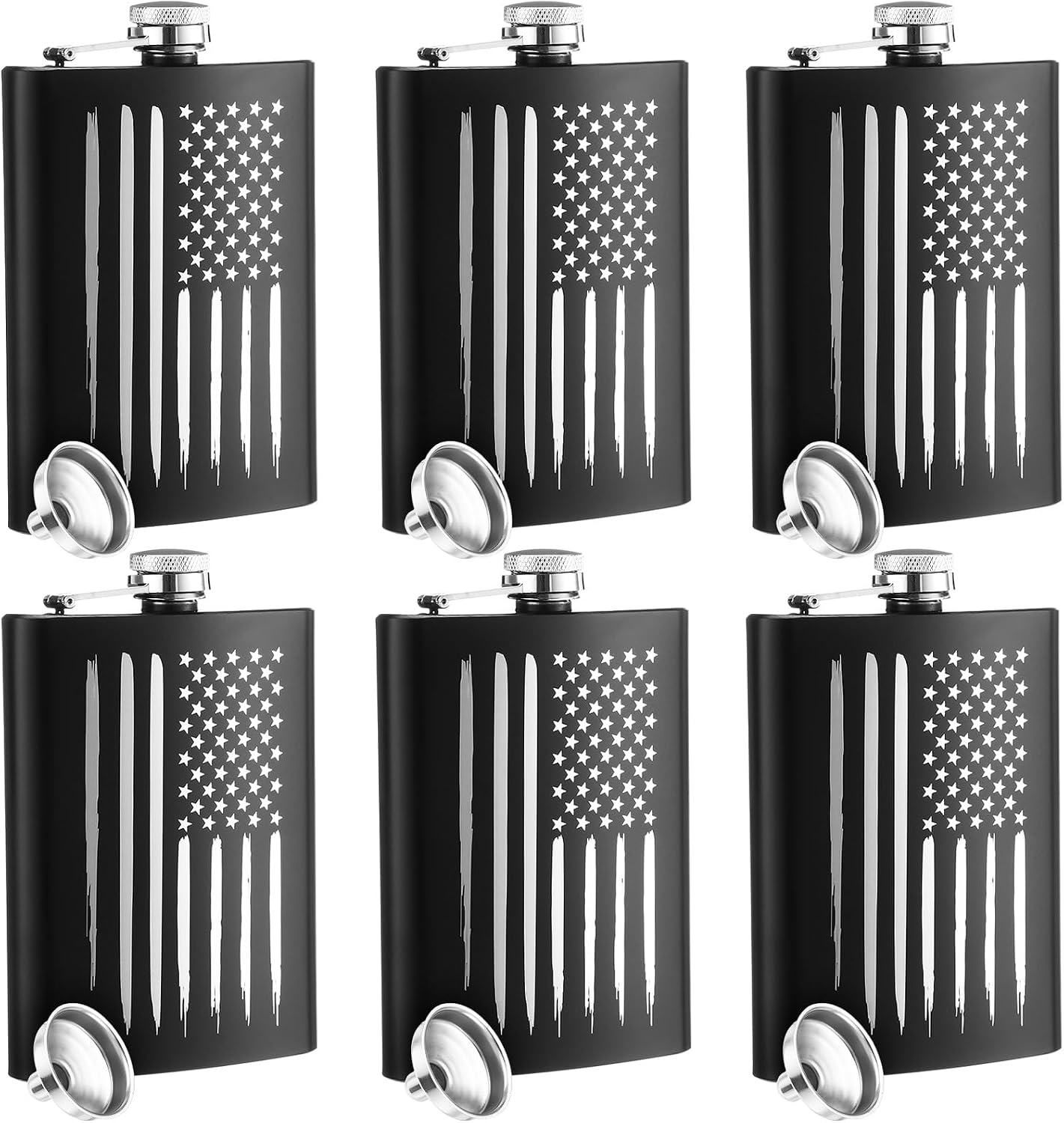 Chengu 6 Pcs American Flag Hip Flask for Liquor for Men Women 8 oz with Funnel Leak Proof Stainless Steel Black Pocket Hip Flask Gift for Him Wedding Party Groomsman Birthdays Outdoor