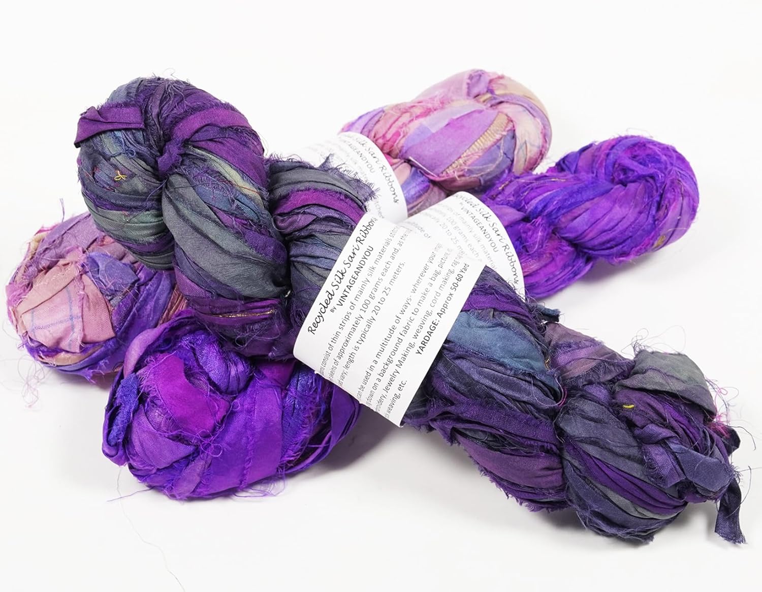 300g Recycled Sari Silk Ribbon Yarn | Pack of 3 Upcycled Silk Skeins | Handcut & Hand Joined Ribbon for Crochet, Macramé, Weaving, Knitting, Jewelry Making & Fiber Art | Purple
