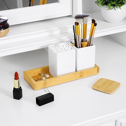 Miniatura 4 de VITVITI Accesorios de baño de bambú, organizador de baño blanco, dispensador de jabón y soporte para cepillo de dientes, bandeja de tocador para