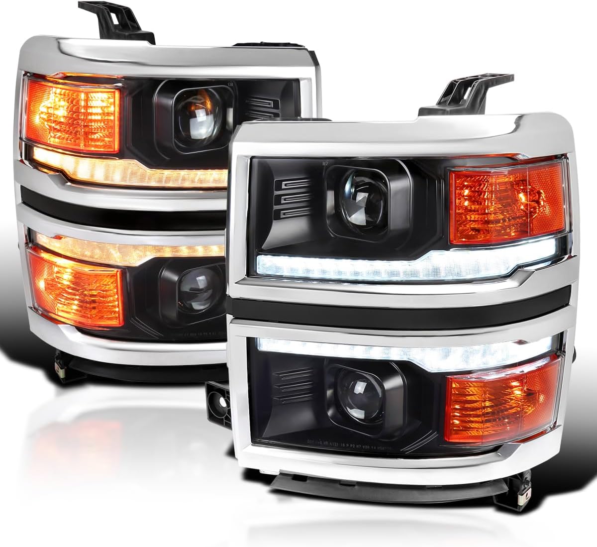 SPEC-D TUNING Black w/Silver Trim Projector Headlights w/Sequential Switchback LED Strip and Startup Animation Compatible with 2014-2015 Chevy Silverado 1500, Left + Right Pair Headlamps Assembly