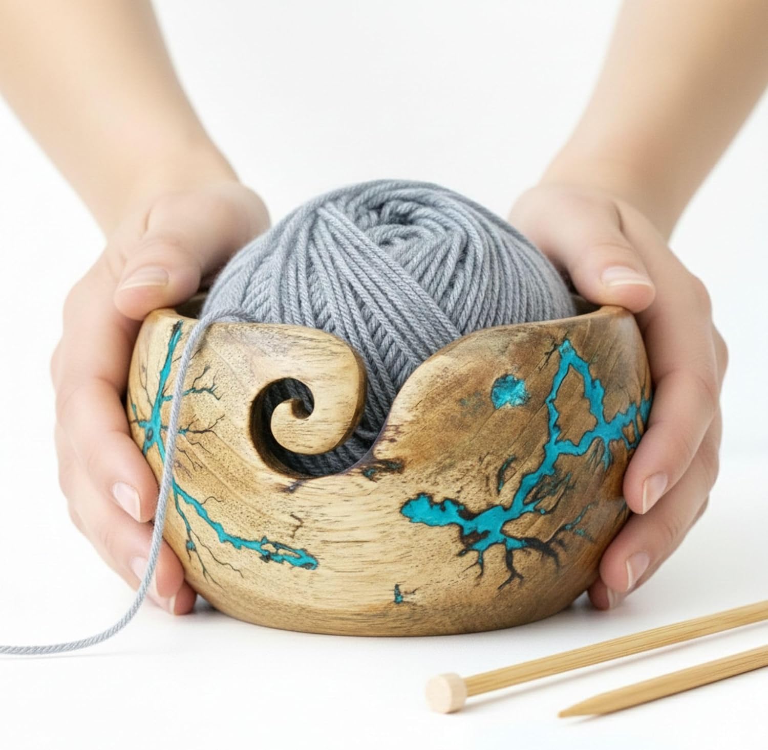 Lichtenberg Figure Yarn Bowl - Handmade Wooden Yarn Bowl for Knitting Yarn Ball Holder - Yarn Bowls with Holes Crochet Bowl Holder - Yarn Storage Bowl 7" x 4" inches (SB-Yarn Bowl)