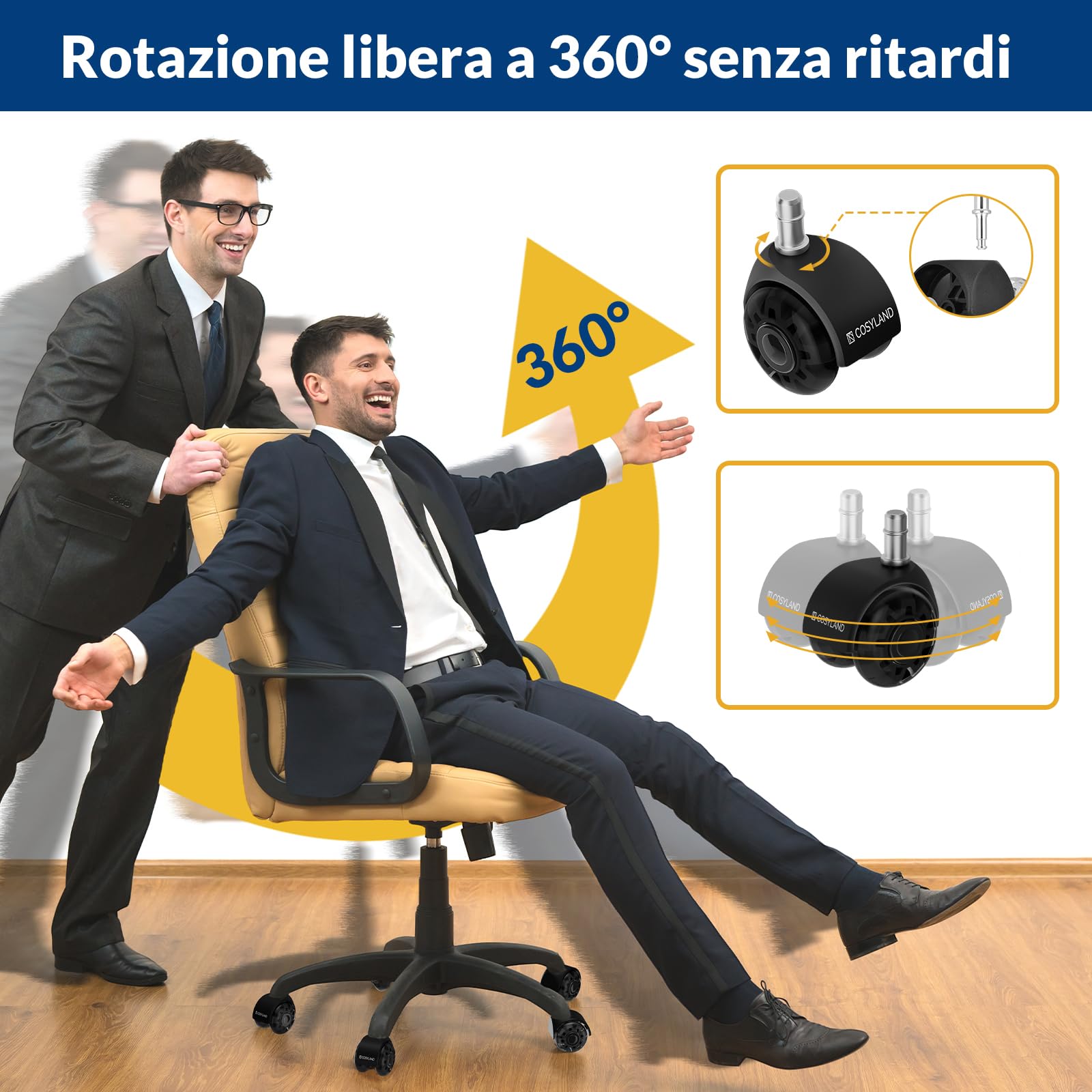 COSYLAND Set 5 Rotelle Doppie Nero Trasparente, Ruote sedia ufficio resistenti e silenziose, ruote per sedia ufficio per parquet, perfette per ufficio, 11X22MM