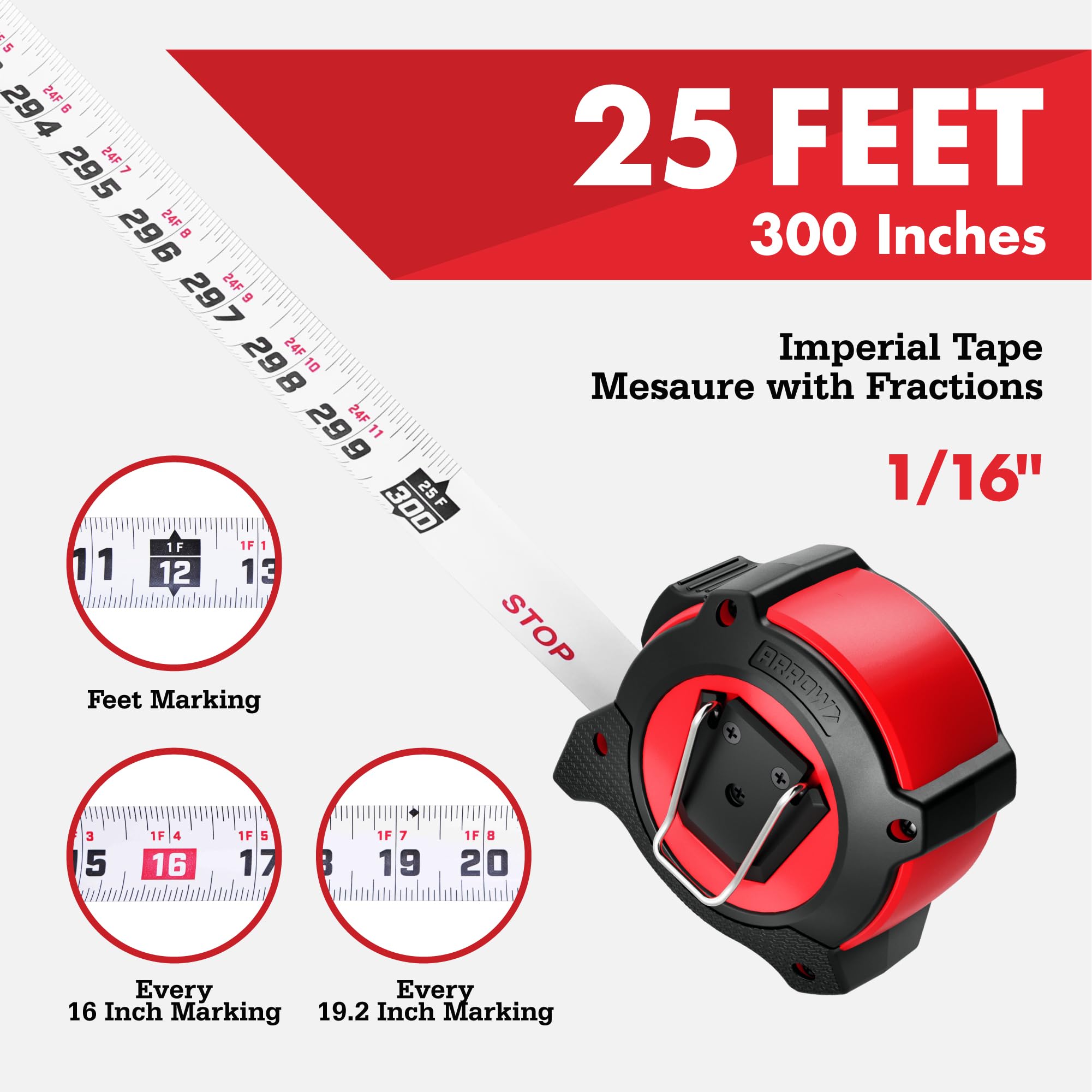 Arrow 25ft Tape Measure - Dual Lock & Durable -8 Arrow 25ft Tape Measure - Dual Lock & Durable -8