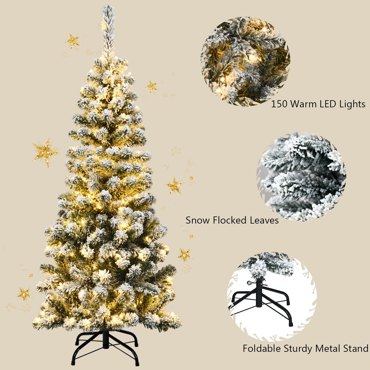 LIFEZEAL Árbol de Navidad Artificial, Abeto Artificial Nevado Iluminado, Árbol de Navidad Nevado Fino con 150/250/350 Luz LED y 242/500/641 Ramas, Base de Metal Plegable (140cm)