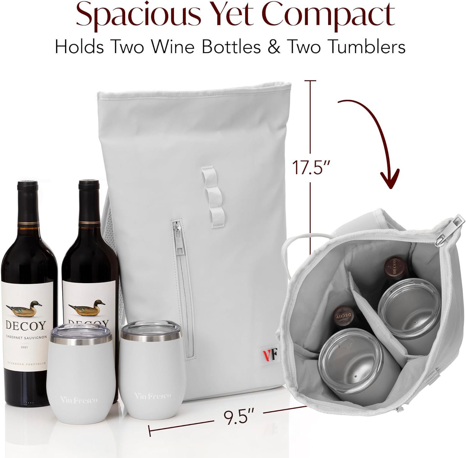 VIN FRESCO Two Bottle Rolltop Wine Tote Bag – Stylish PU Leather Backpack with Matching Tumblers – Wine Carrier with Padded Straps and Compartments for Travels & Picnics (Gray)