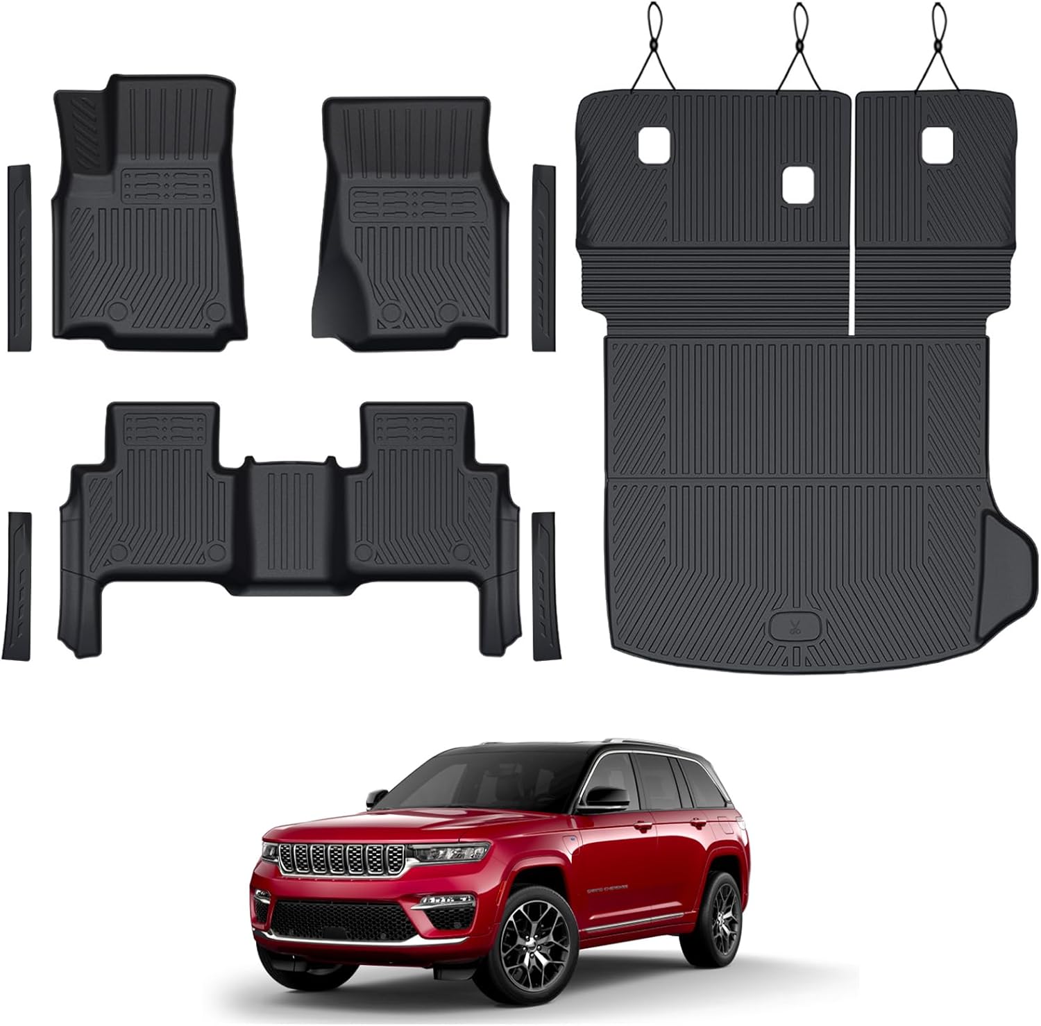 Floor Mats Set for 2022-2025 Jeep Grand Cherokee Accessories, Full Coverage All Weather Floor Mats Cargo Mat with Backrest Protectors & Door Sill Guards (Include 4xe Not for L or WK)