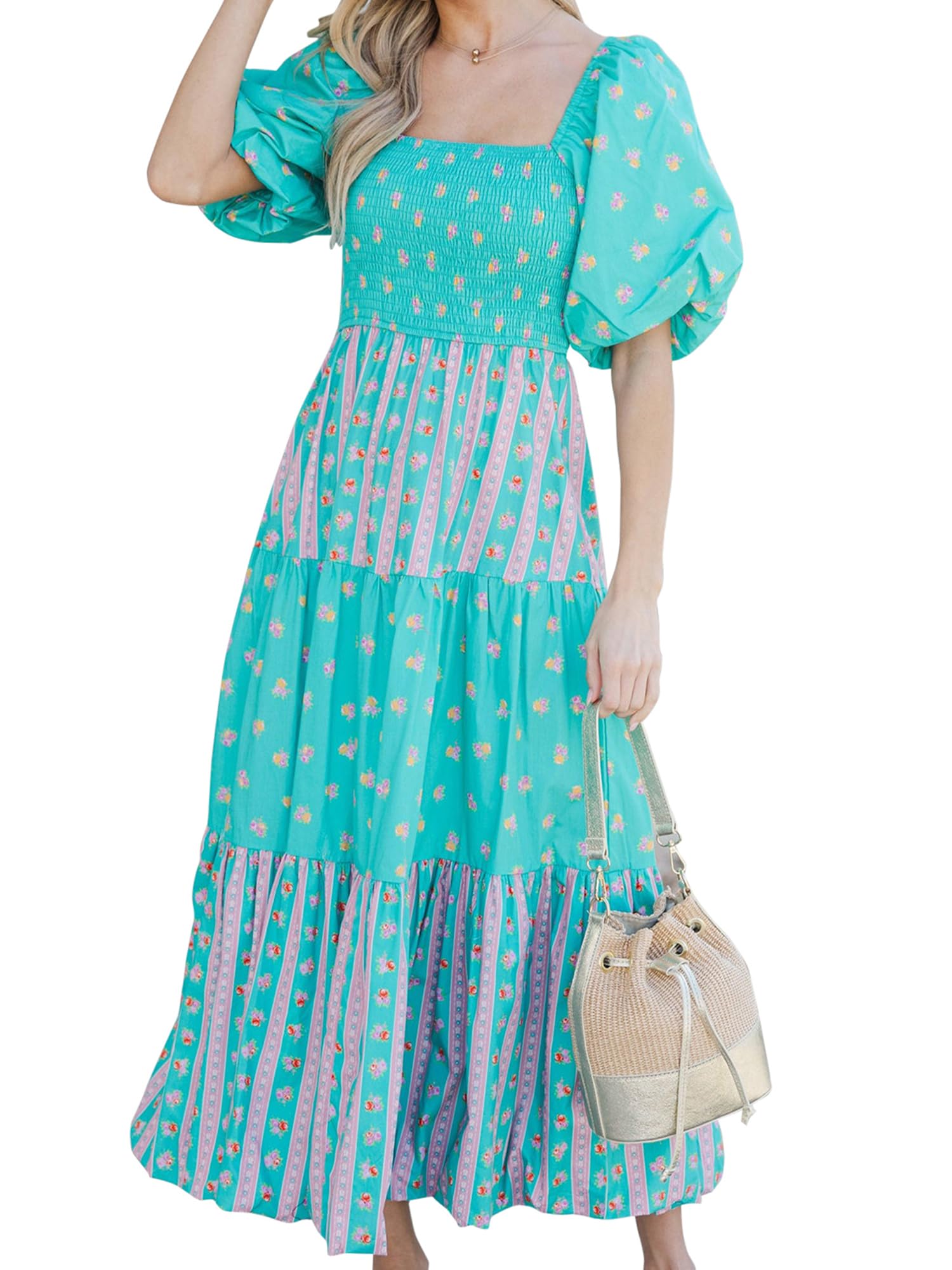 Women's Casual Bohemian Dress Puff Sleeve Square Neck Floral Print Summer A-Line Maxi Dress Beach Holiday Sundress (A-Cyan, M)