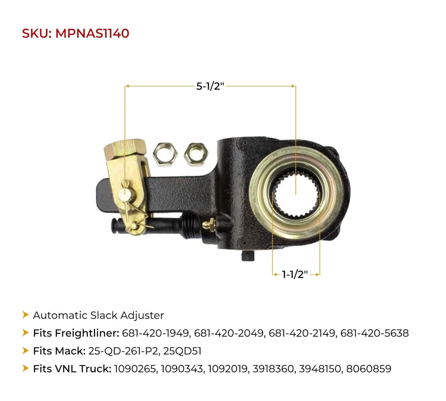 Mytee Products Air Brake Automatic Slack Adjuster Replaces OEM 01R801072E, 03637/16167, 17A2314355, 363716167, CB42100, GUNAS1040, M16WR1334