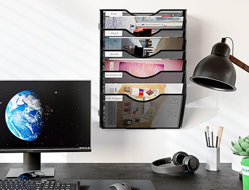 Miniatura 6 de PAG Soporte para archivos de pared colgante, clasificador de correo de 5 niveles para pared, organizador de pared de oficina de malla para papeles,