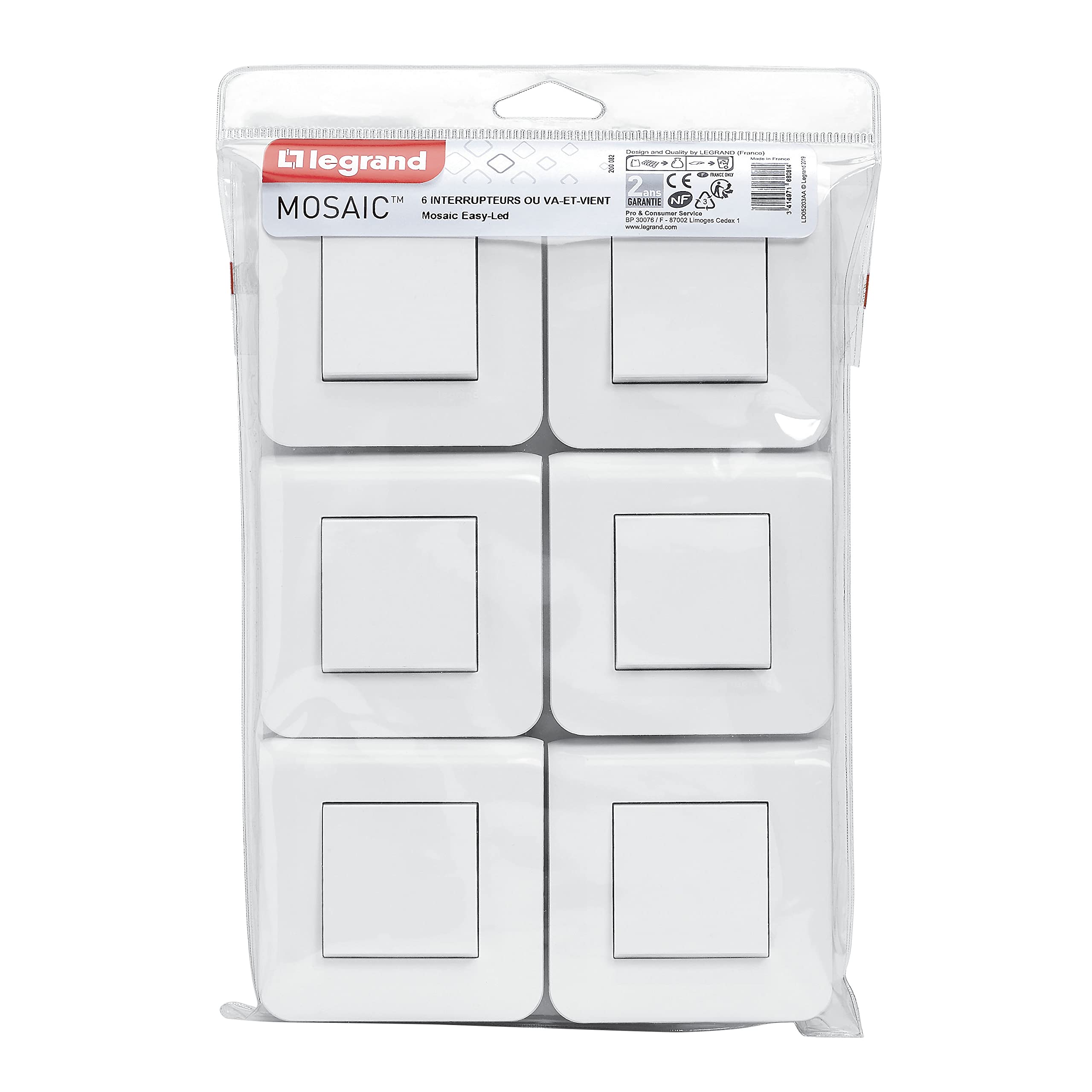 Legrand - Lot de 6 interrupteurs simple ou va-et-vient Mosaic 10A blanc complet avec plaque et fixation à vis