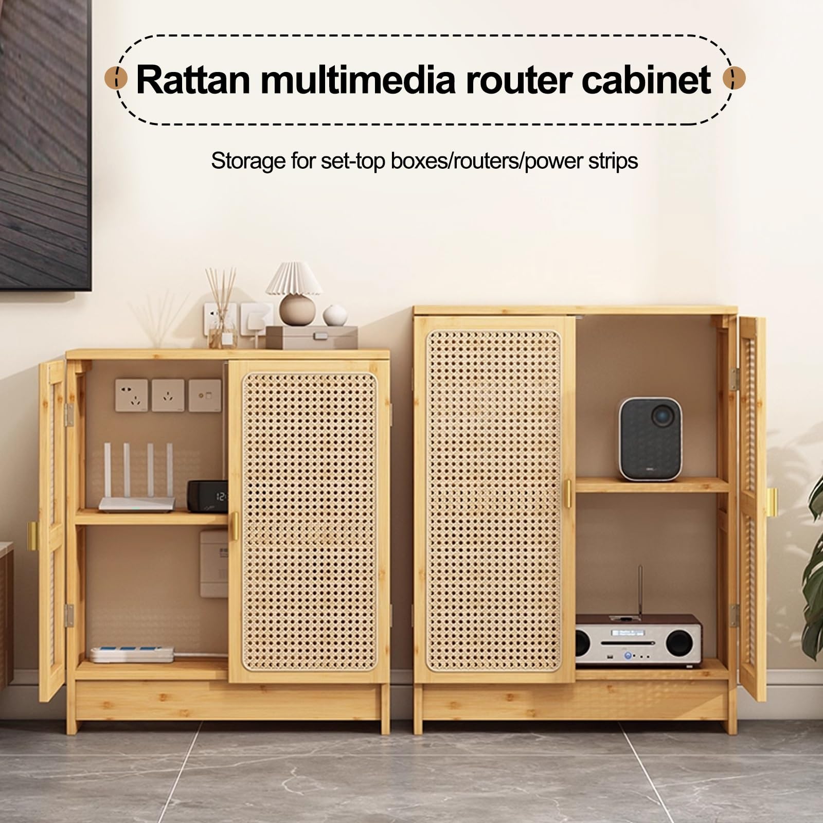Regleta de alimentación oculta y gabinete de gestión de cables, almacenamiento de enrutador WiFi con diseño de ratán para el hogar y la oficina, marrón oscuro, 70 x 70 x 25 cm, elegante solución de