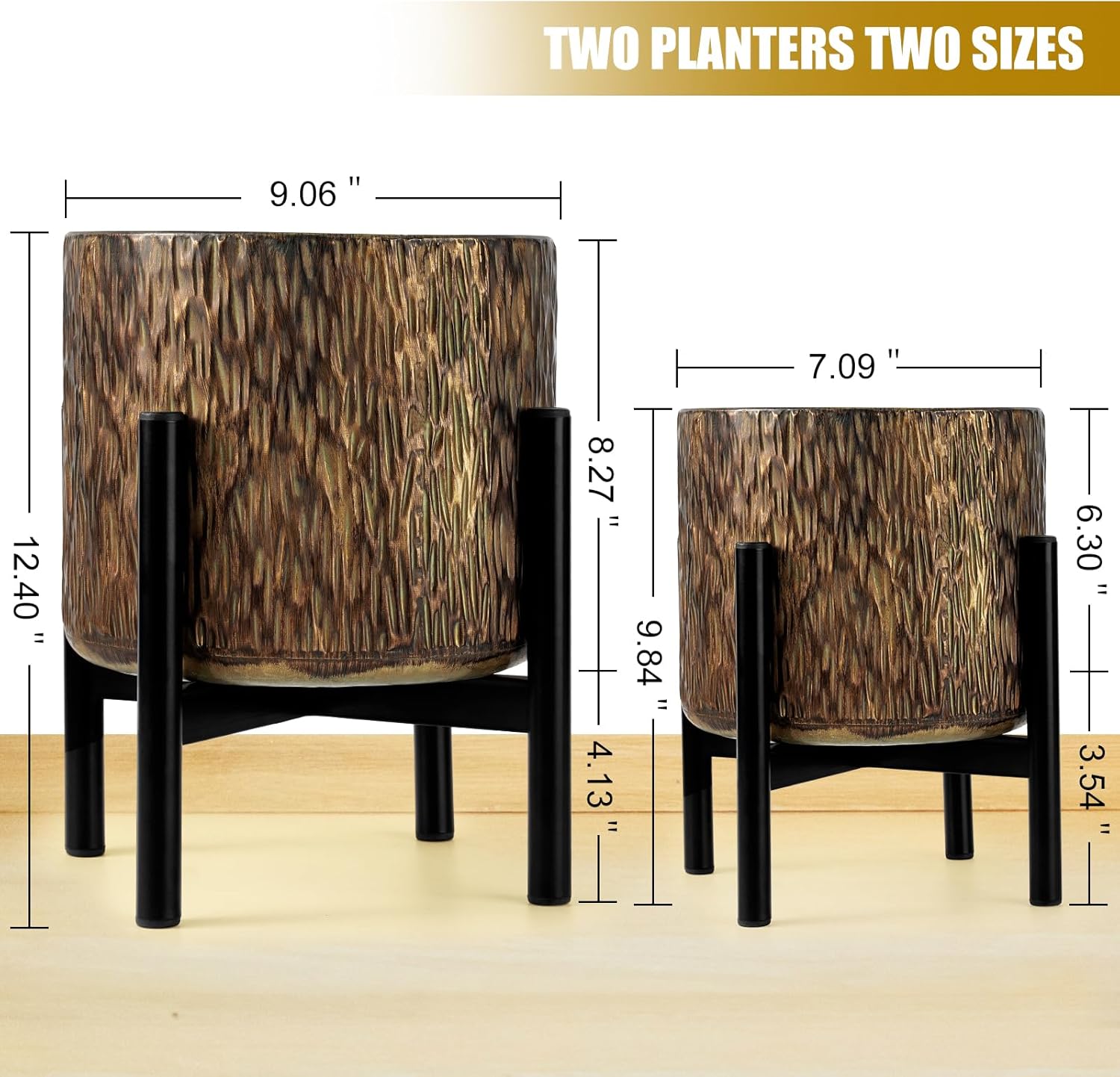 Harvest Land Plant Pots with Stand, Set of 2 Large Modern Planters Metal Tall Handmade Flower Pots with Drainage Holes Indoor Outdoor,Bronze