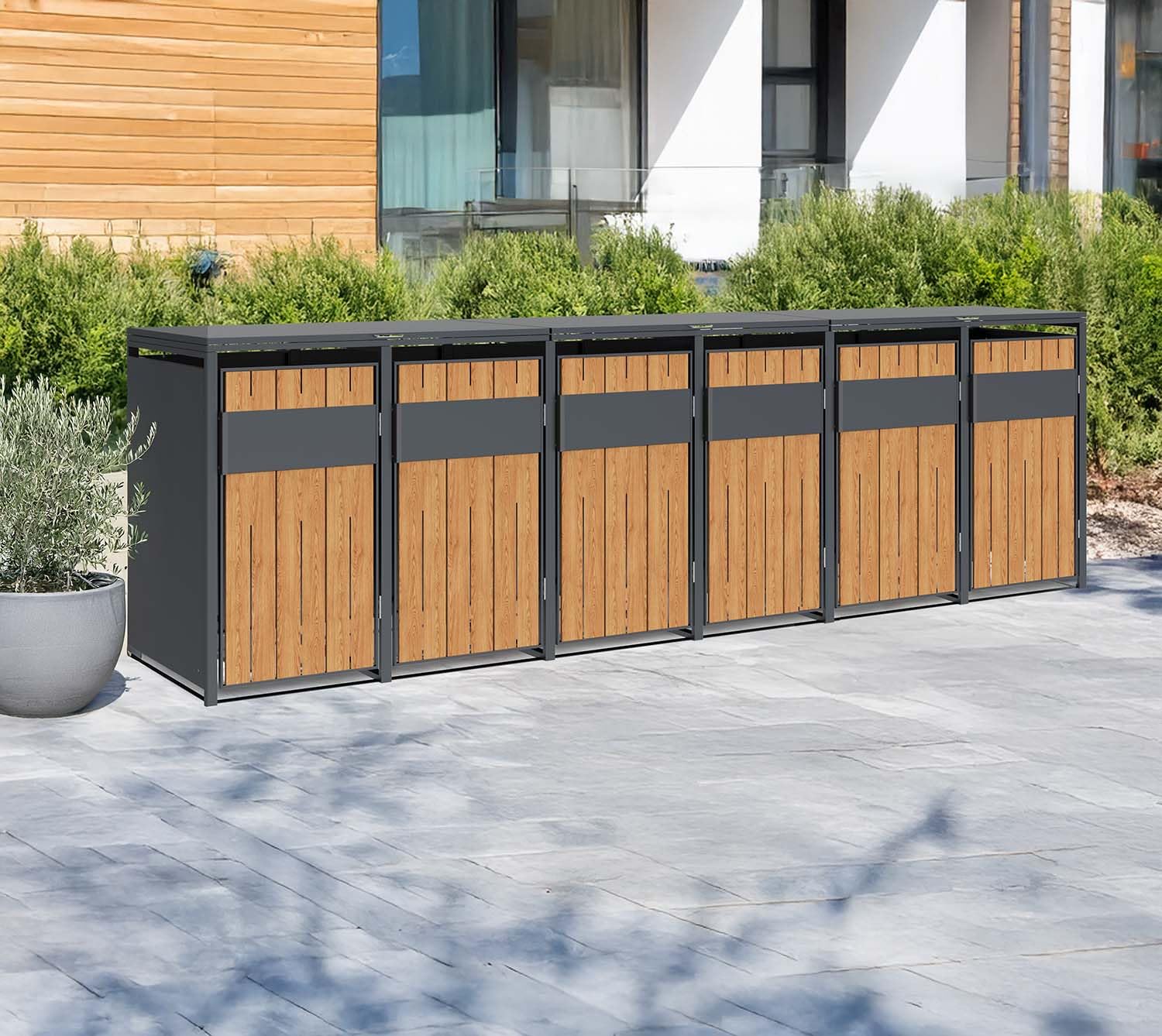 Westmann Varius 6 Mülltonnenbox 6x240L | Metall & Holzoptik | Gasdruckfedern | Magnetverschluss | Mülltonnenverkleidung Anthrazit