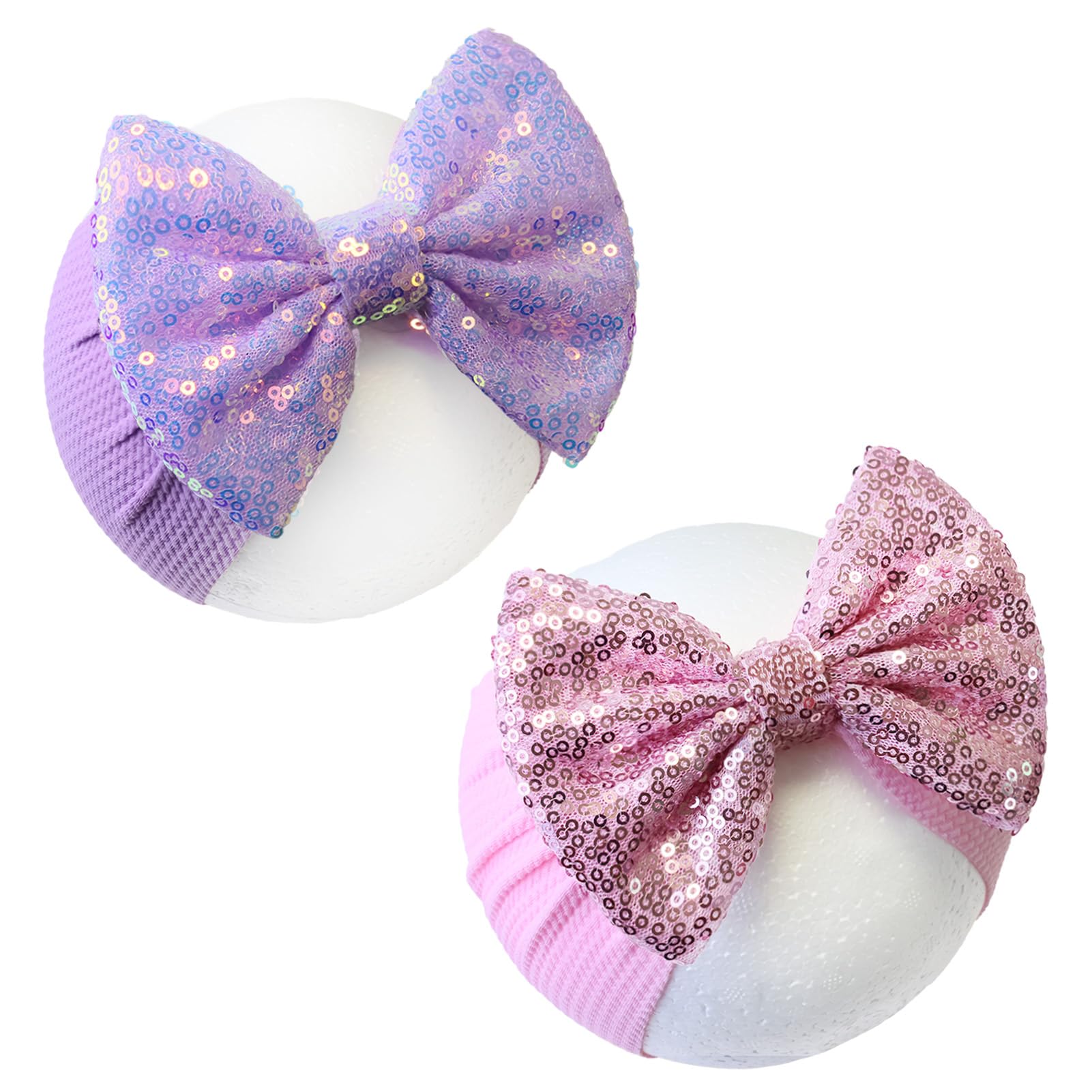 HELYKAKA 7 Inch Sequin Bow Baby Headbands - Purple & Pink Elastic Wide Hair Bands for Baby Girls Newborn Infant Hair Accessories Gift One Size