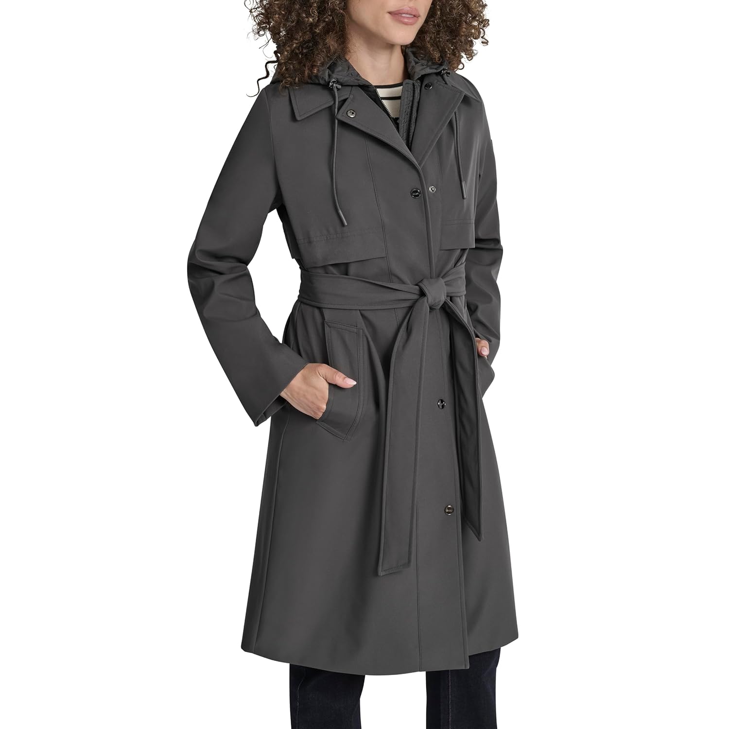 DKNY Women's Belted Trench Coat With Hood – Lightweight Water-resistant Long Jacket