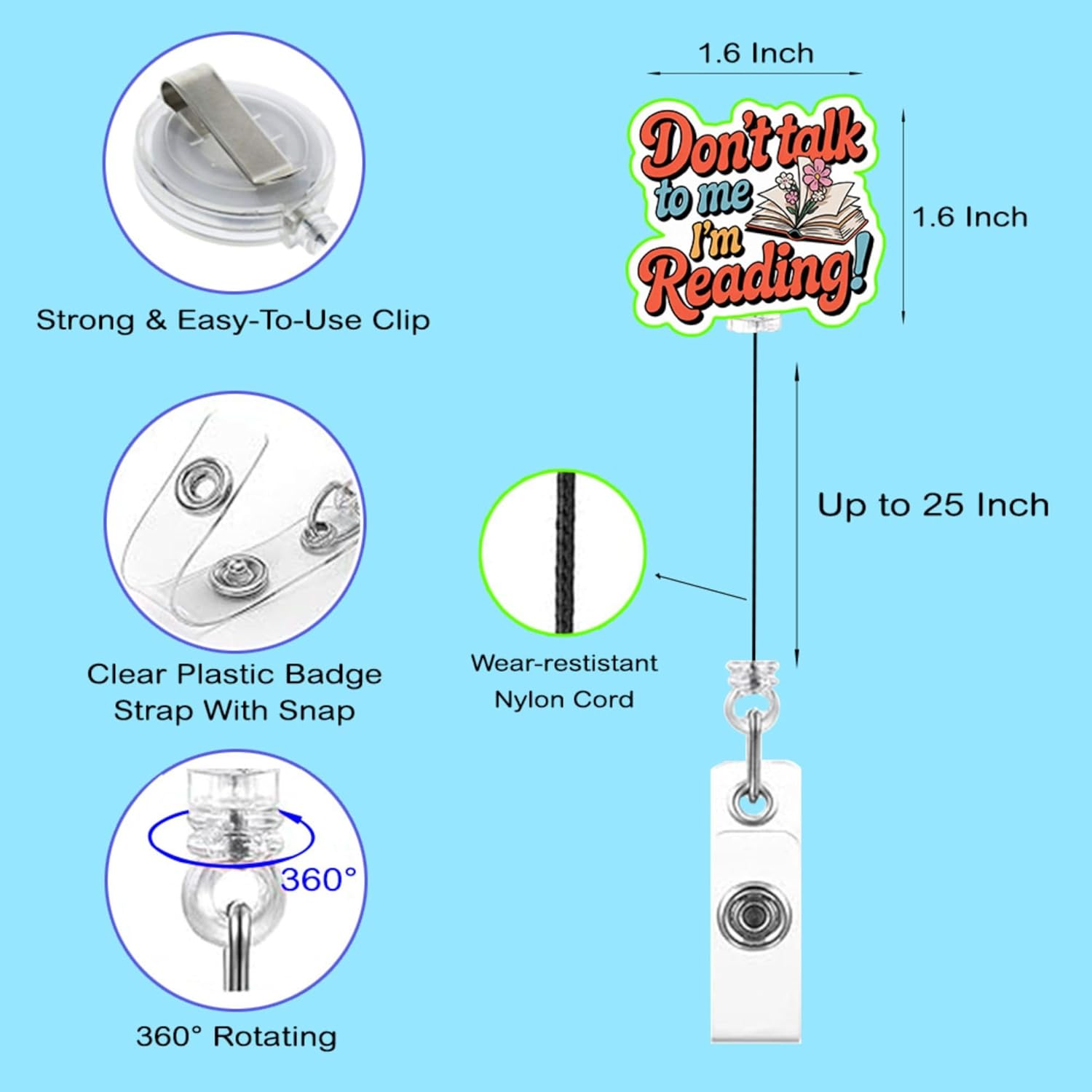 (4PCS) Never Stop Reading Badge Reels Retractable, Name Badge Holder Reel ID Clip, Readers Book Lover Bookish Booktok Pediatric Decorative Gifts for Readers Nurses Office Worker Teacher Student - Image 3