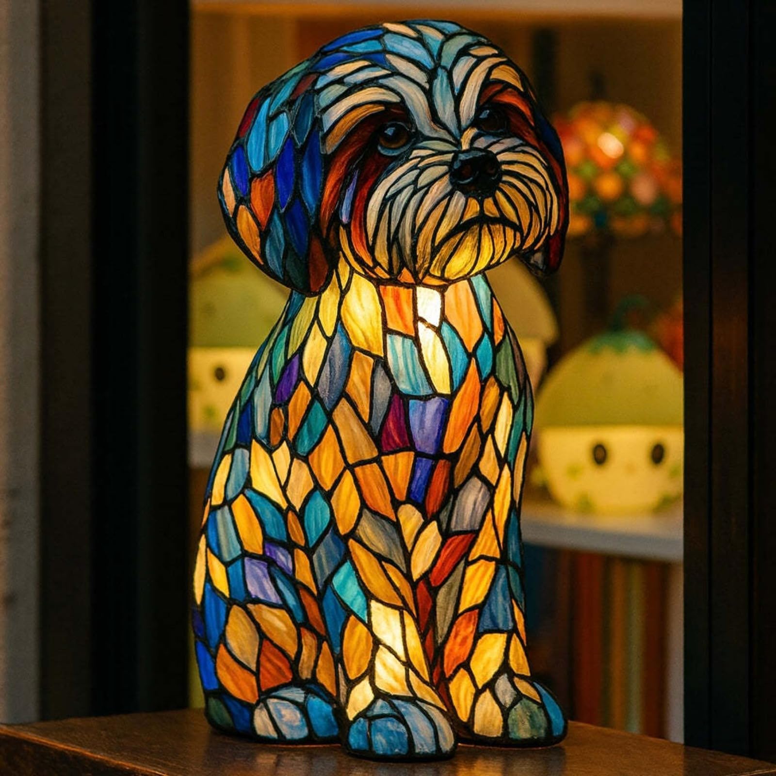 Lampe Chien Vitrail, Veilleuse Chien, Stained Glass Dog Lamp, Décoration Intérieure, Lumière LED Ambiance, pour Chambre, Bureau, Maison, Cadeau pour les Amoureux des Chiens [Classe énergétique A]