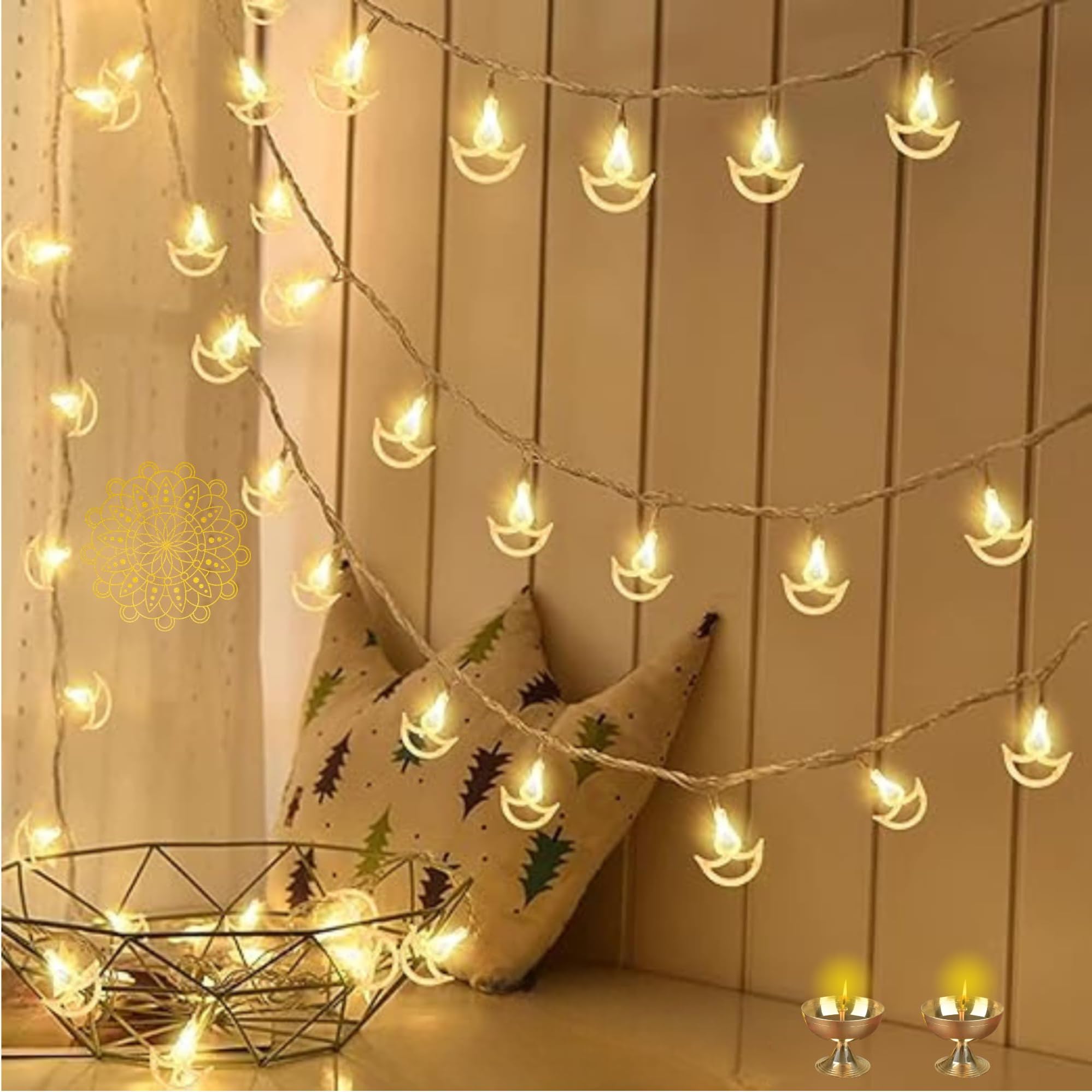 XERGY Diya Shape Diwali String Lights, LED String Copper Lights with 14 Hanging Diyas (3.5m), Diya Diwali Fairy Lights Indoor Outdoor for Home Decoration (Warm White)
