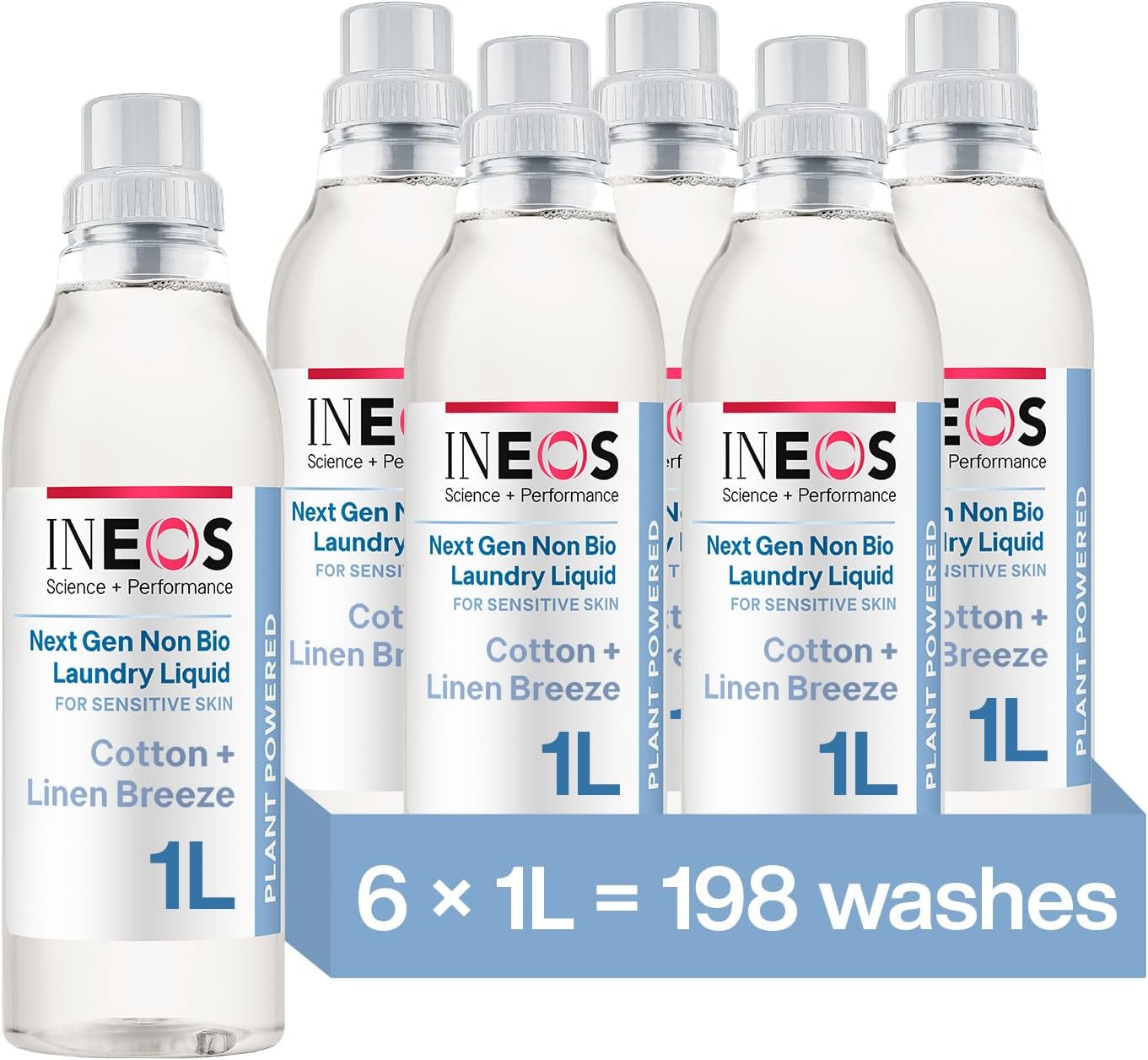 Non Bio Laundry Washing Liquid Detergent for Sensitive Skin, 198 Washes (6 x 1L) Stain Removal for Clothes, Plant Powered, Stress Relieving Fragrance, Vegan, Cruelty Free, Cotton + Linen Breeze