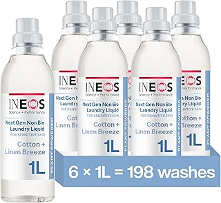 Non Bio Laundry Washing Liquid Detergent for Sensitive Skin, 198 Washes (6 x 1L) Stain Removal for Clothes, Plant Powered, Stress Relieving Fragrance, Vegan, Cruelty Free, Cotton + Linen Breeze