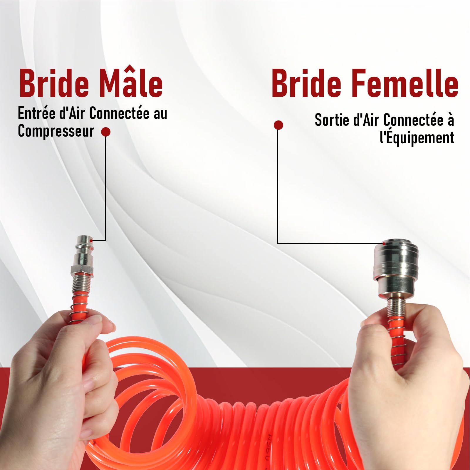 Tuyau Air Comprimé 5m Tuyau Spirale PU 5×8mm Rouge | Accessoires Compresseur avec Raccords Rapides - 5