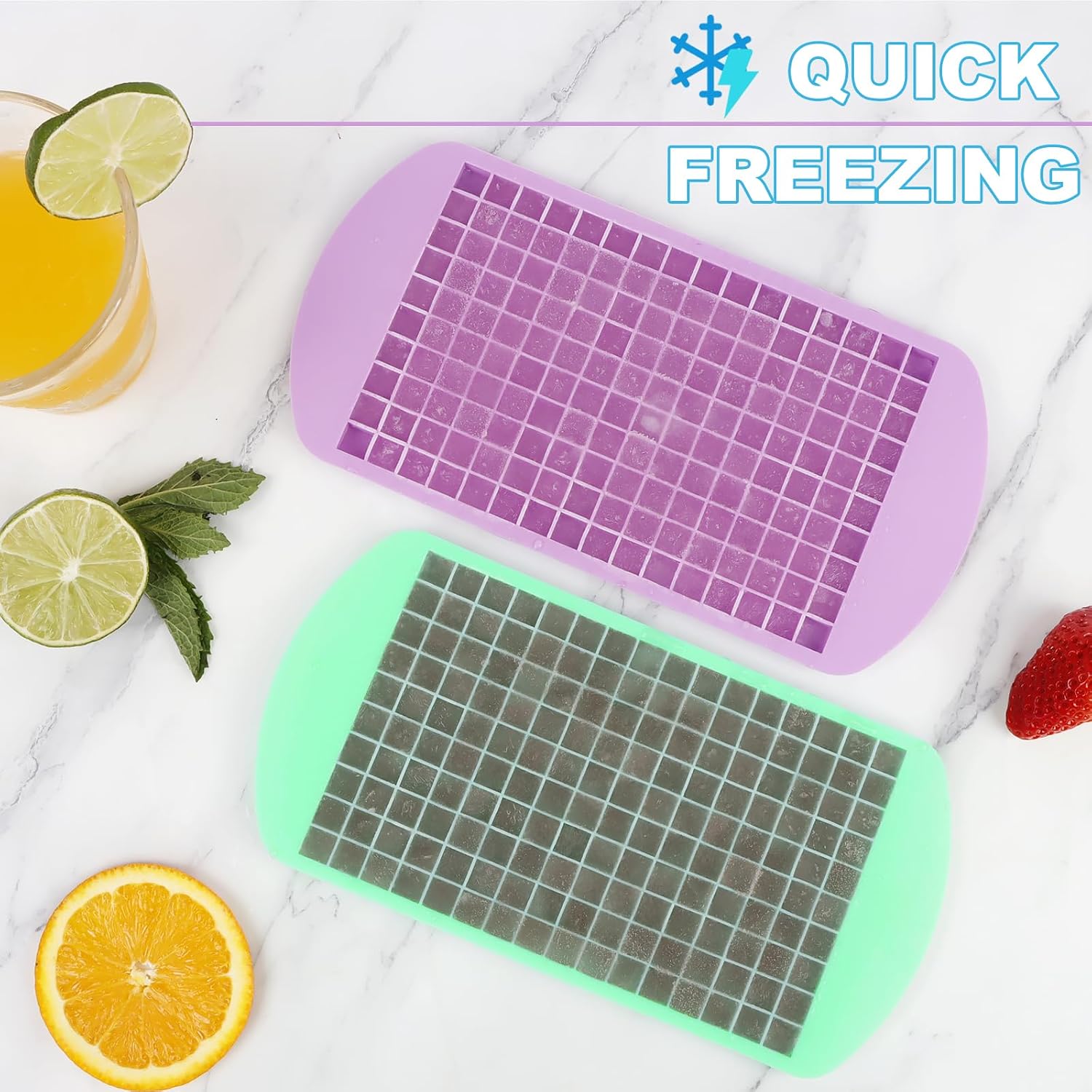 Silicone Mini Ice Cube Trays 2 Pack, 160 Crushed Ice Cube Molds, Easy Release Small Ice Cube Trays with BPA free & Quick freezing, Reusable, for Baby Food, Chilling Whiskey Cocktail (Purple+Green)