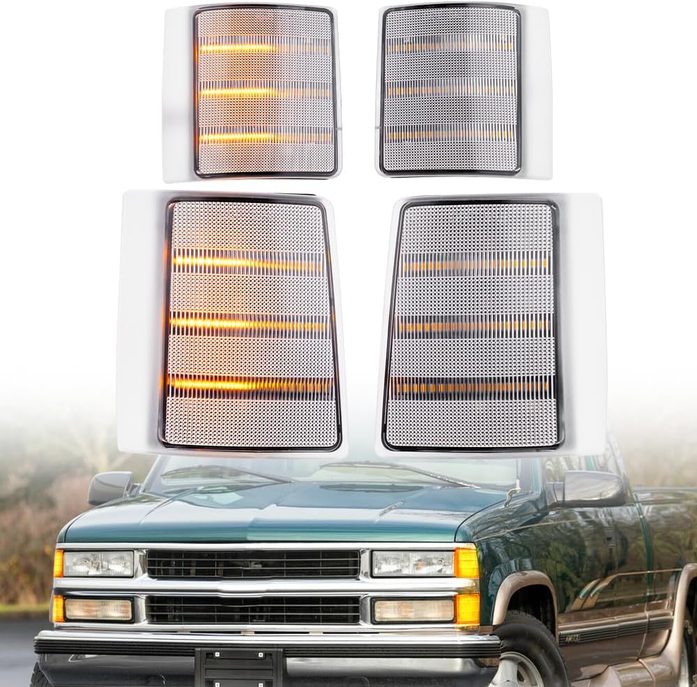 4PCS Sequential Amber Led Side Marker Lights for GMC C/K Series C1500 K1500 Pickup Suburban Yukon Led Indicator Turn Signal Light Kit Front Bumper Clearance Light OEM Replacement