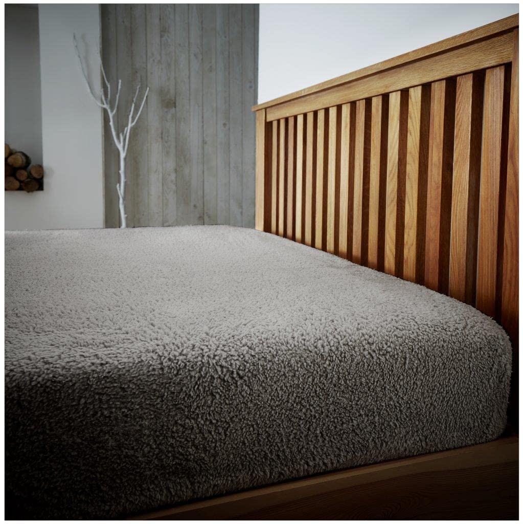 Teddy Plain Fleece Single Fitted Bed Sheet, Easycare Thermal Warm & Cosy Bear Bedding Super Soft BedSheet, Silver