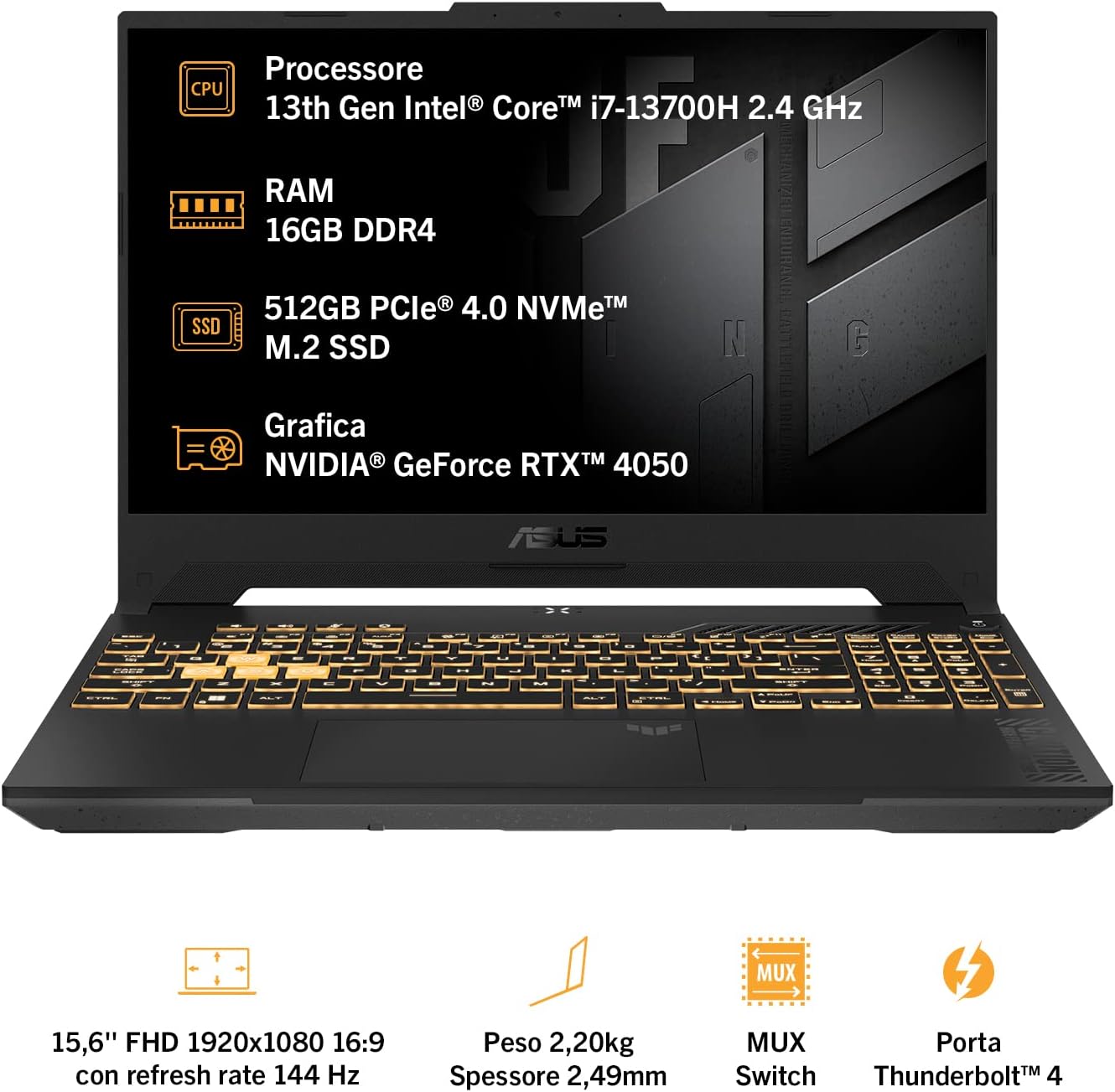 ASUS TUF Gaming F15 FX507VU4, Notebook 15,6" FHD Anti-Glare, 144Hz, Intel Core 13ma gen i7-13700H, RAM 16GB, 512GB SSD PCIE, Grafica NVIDIA GeForce RTX 4050 6GB GDDR6, Windows 11 Home, Grigio Intel Core i7-13700H RAM 16GB / 512GB SSD NVIDIA RTX 4050 - Immagine 2