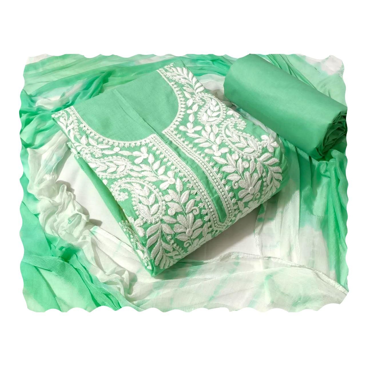 Women's Designer Lucknowi Work Cotton Unstitched Dress Material Salwar Suit with Printed Chiffon Dupatta (Free Size)-image-18