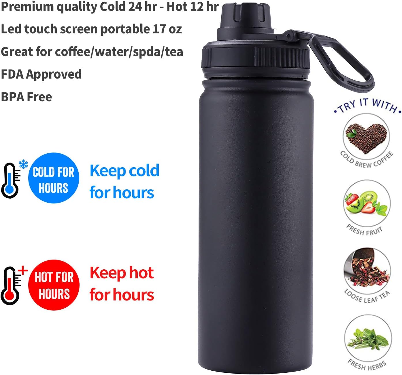 Tea Infuser Bottle With Removable Loose Leaf Tea Strainer Cup 18/8 Stainless Steel Portable Insulated Travel Tea Tumbler Black - Image 4