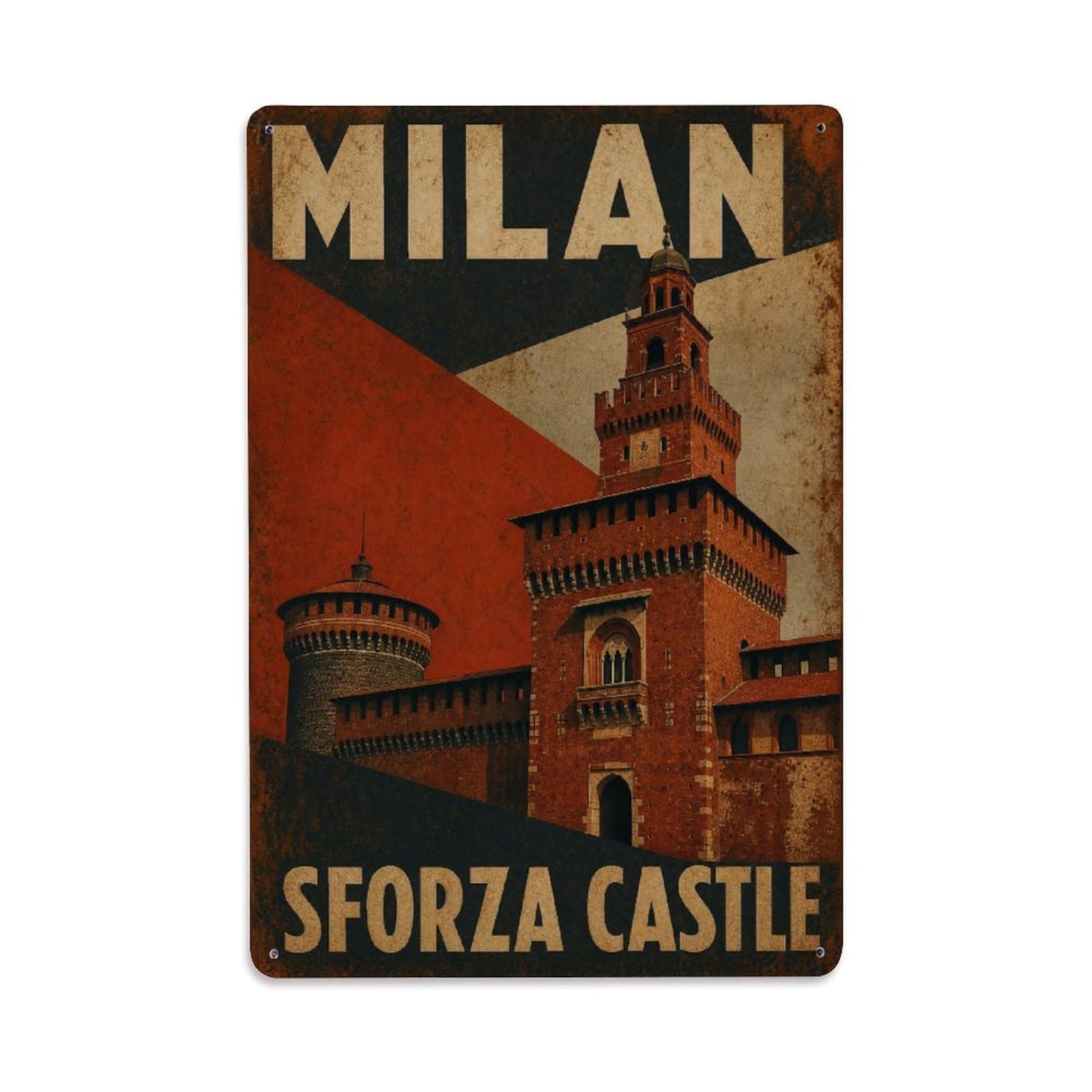 Huiyhb 8X12inch(20X30cm) Vintage Travel Milan Sforza Castle Red Brick Italy Metal Tin Sign