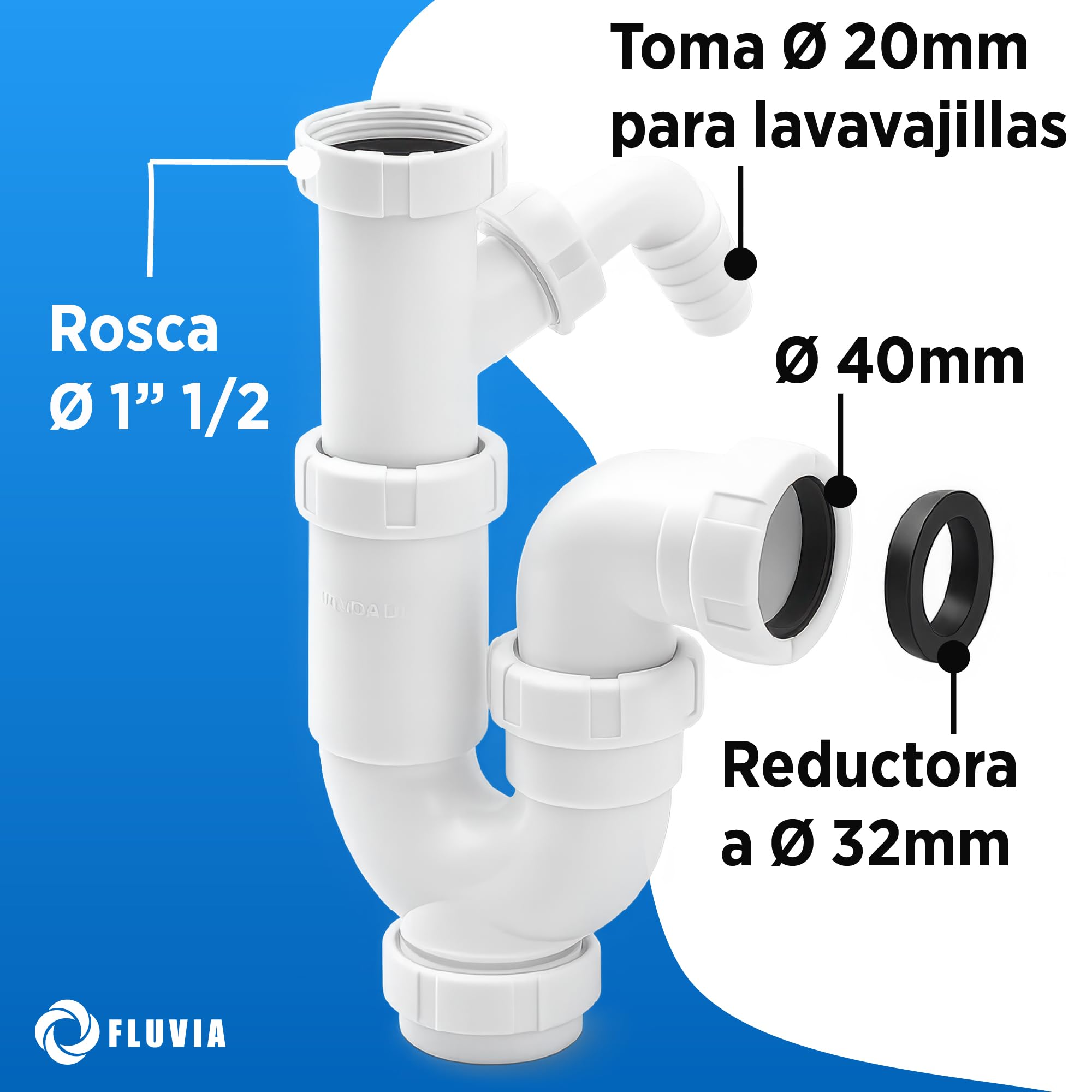 Sifon Curvo Extensible para Fregadero con Toma Lavadora y Lavavajillas de 20 mm con Racor 1 1/2 y Salida 40 mm con Reduccion 32 mm Ajustable 27 5 a 33 cm Antiolor Antifugas Polipropileno FLUVIA