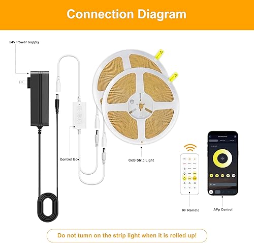 Miniatura 3 de Tira de luz LED COB, tiras de luz regulables CCT, 2700K-6500K, 65 pies65.6 ft, 0.315 in de ancho, kit de tiras LED CRI90+ 24V con control de