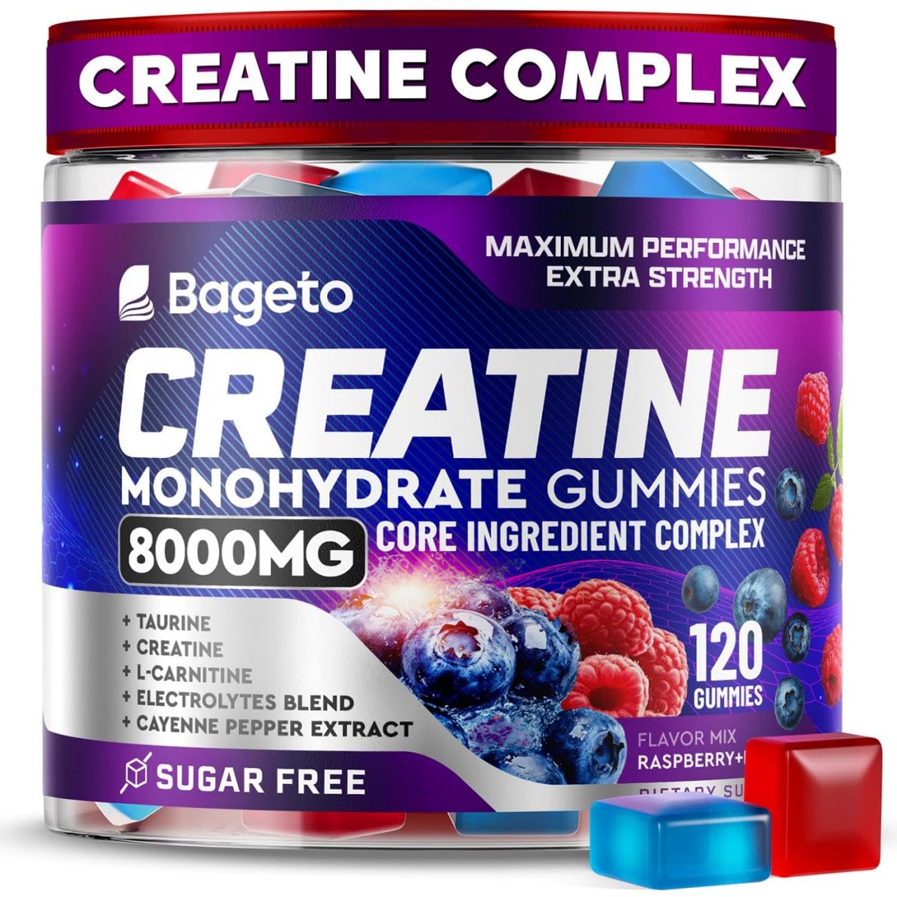 Bageto Creatine Gummies, 8000 MG Complex | 1g Taurine + Electrolytes + 5g Creatine Monohydrate, Creatine Monohydrate Gummies for Women & Men, for Muscles, Energy & Recovery, 0 Sugar 120 Ct