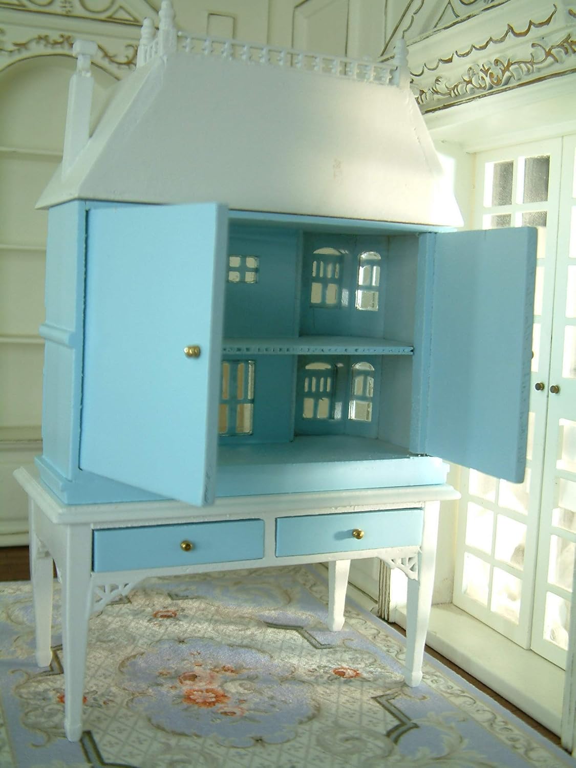 ARTLEER Exquisite Blue White French Villa Le Chateau Cabinet Hand Painted 1/12 Scale Luxury