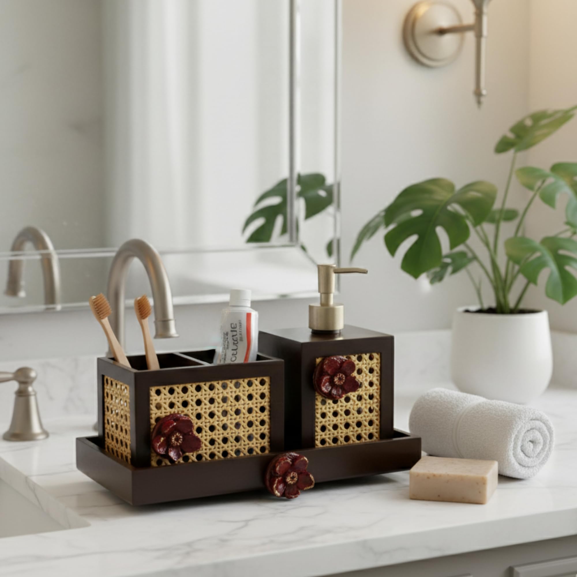 Black Inlay Mirror Wooden Bathroom Accessories Set | Liquid Soap Dispenser & Toothbrush Holder Set with Tray | Gift Accessory for Home (Brown Rattan, Set of 3 Pices)