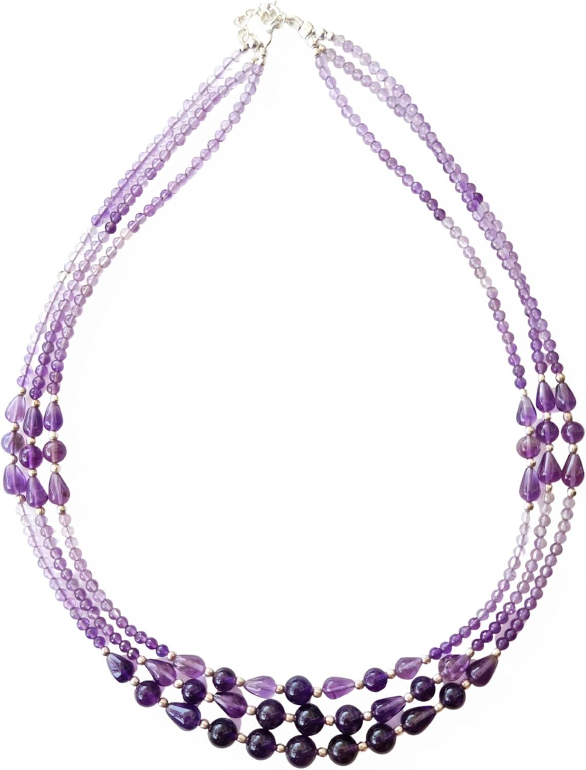 Amethyst Necklace Three Strand Round Tear Drop Beads Sterling Silver Clasp Healing Crystal Jewelry Handmade Gemstone Statement Gift for Women